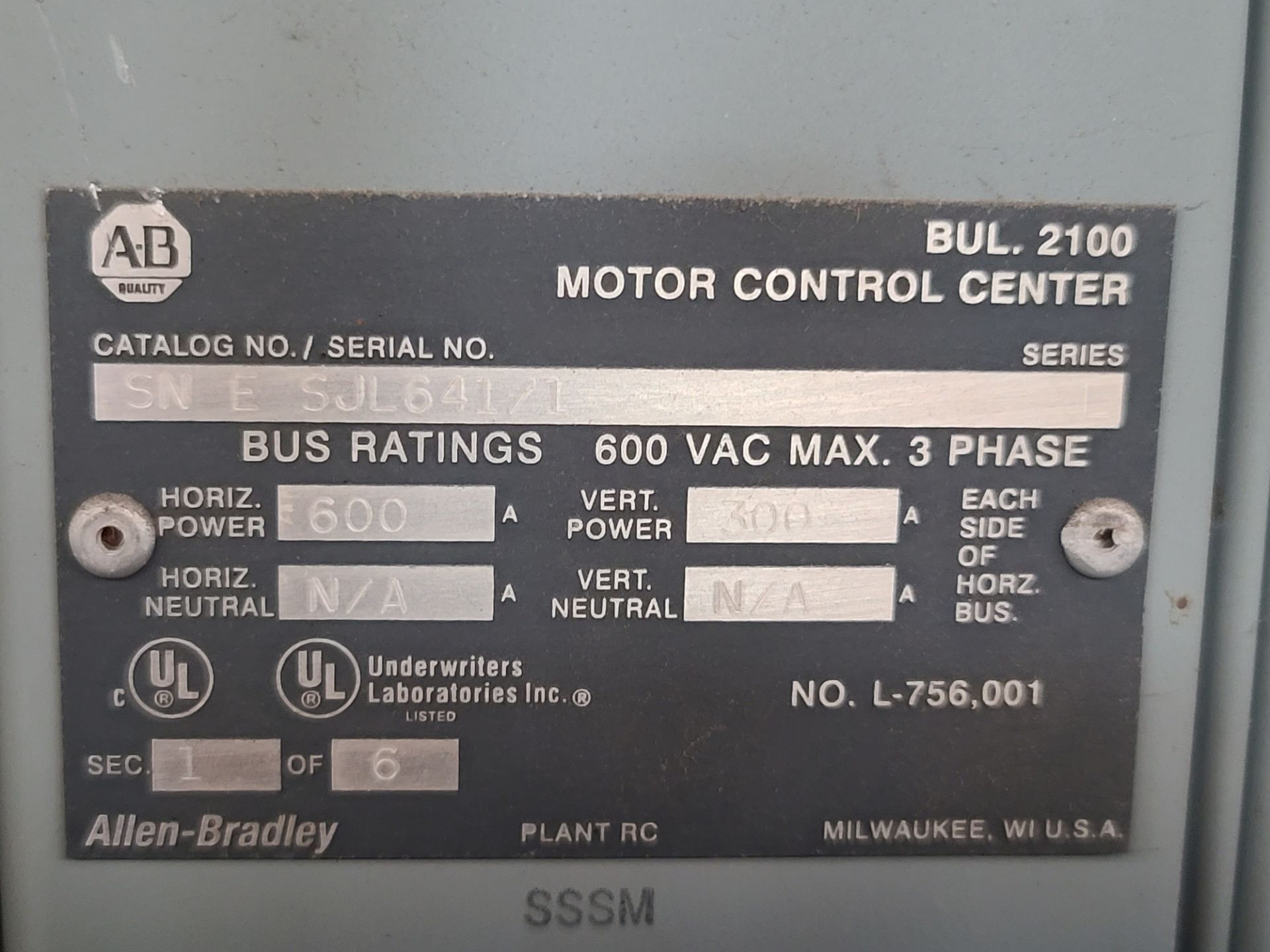 Allen Bradley MCC Main CB, Panel Nema 1, 3ph, 480V Assorted Buckets (New Surplus) (LOADING FEES: $ - Image 2 of 2