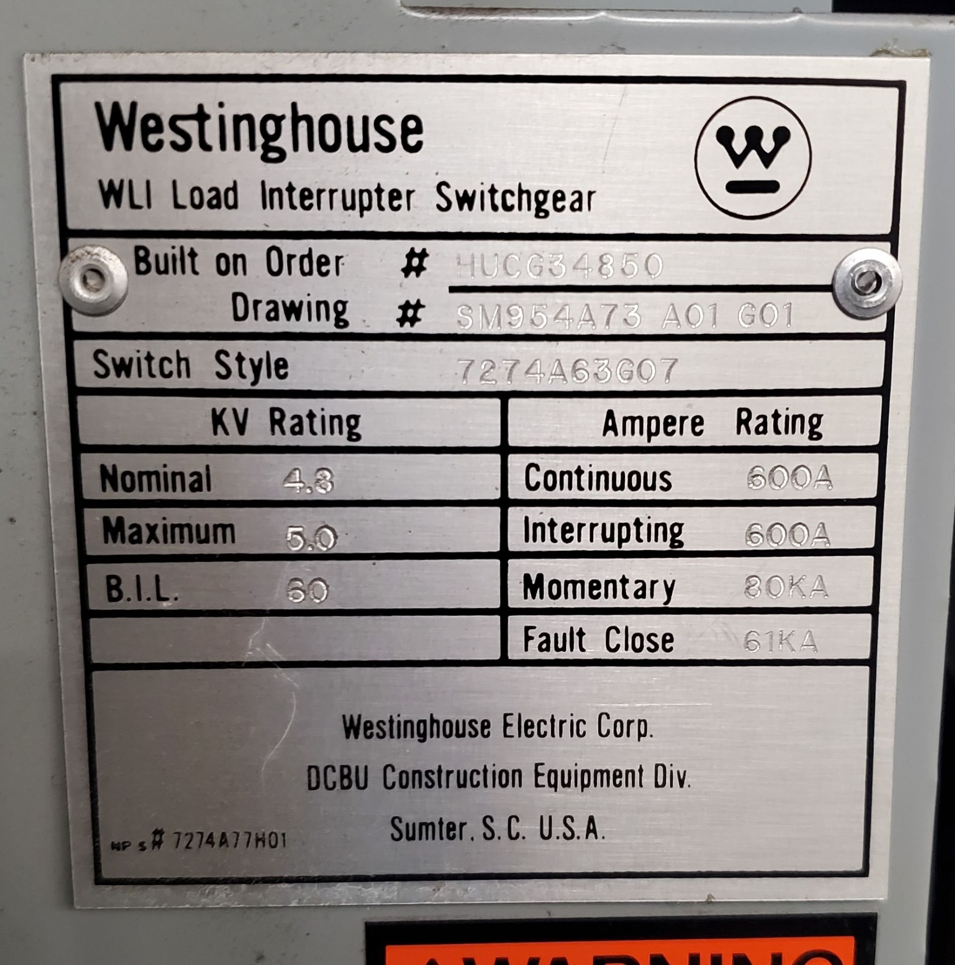 Westinghouse WLI Load Interrupter Switch Gear Switch Style 7274A63G07 KV 5.0 Bil 60 Interrupting - Image 4 of 4