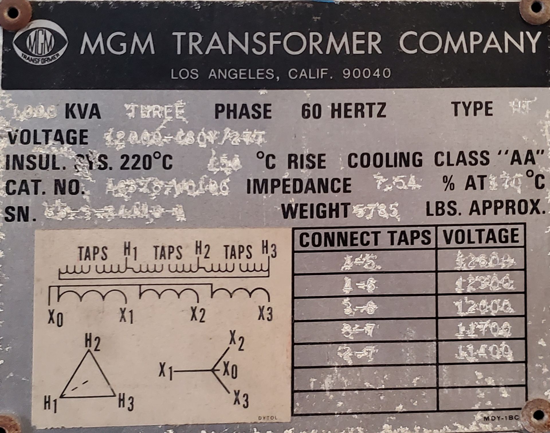 MGM 1000 KVA, 1200V-480Y/277 Dry Transformer (LOADING FEES: $300) - Image 3 of 4