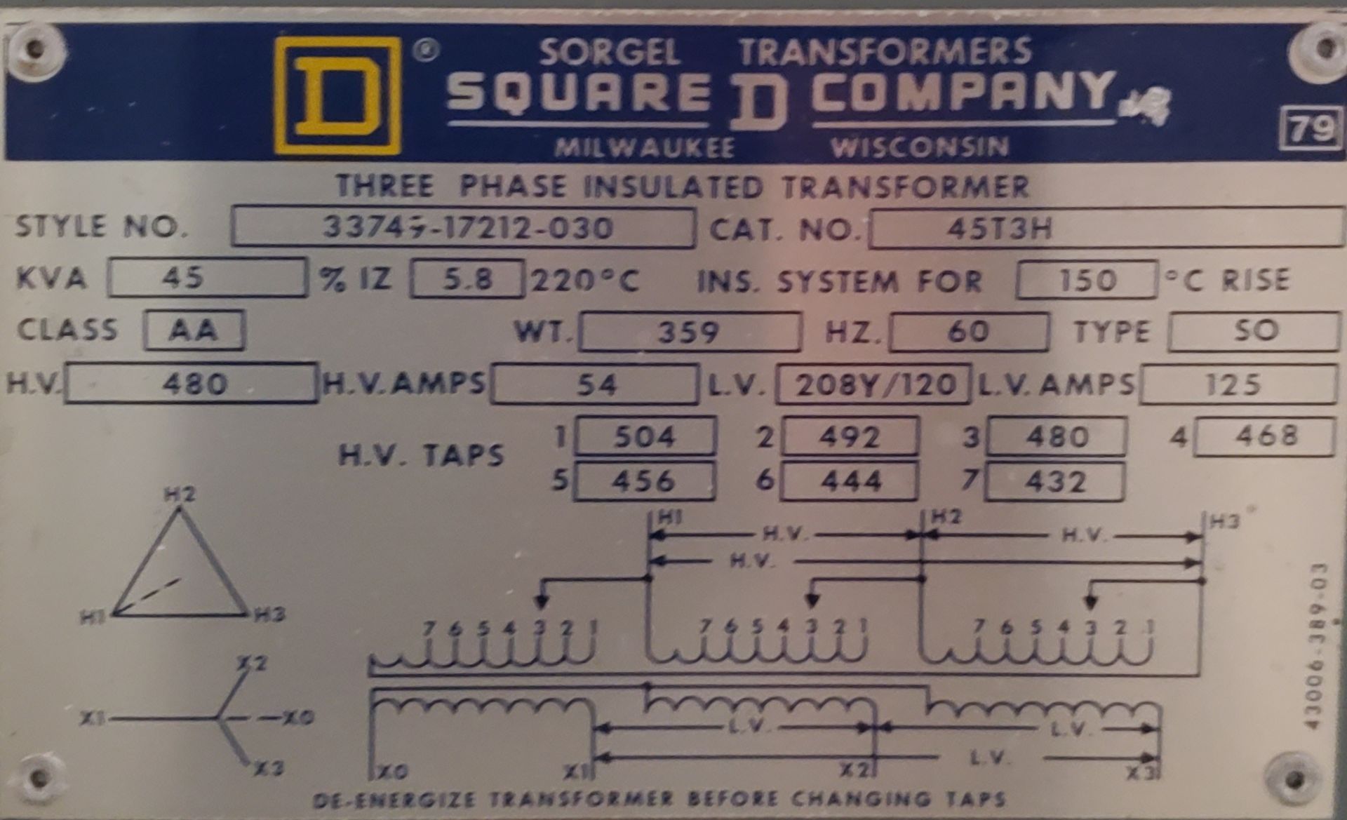 Square D Mini Sub Station, 45 KA 480V-208Y/120 w/ Panel Board & Outlets (LOADING FEES: $25) - Image 3 of 3