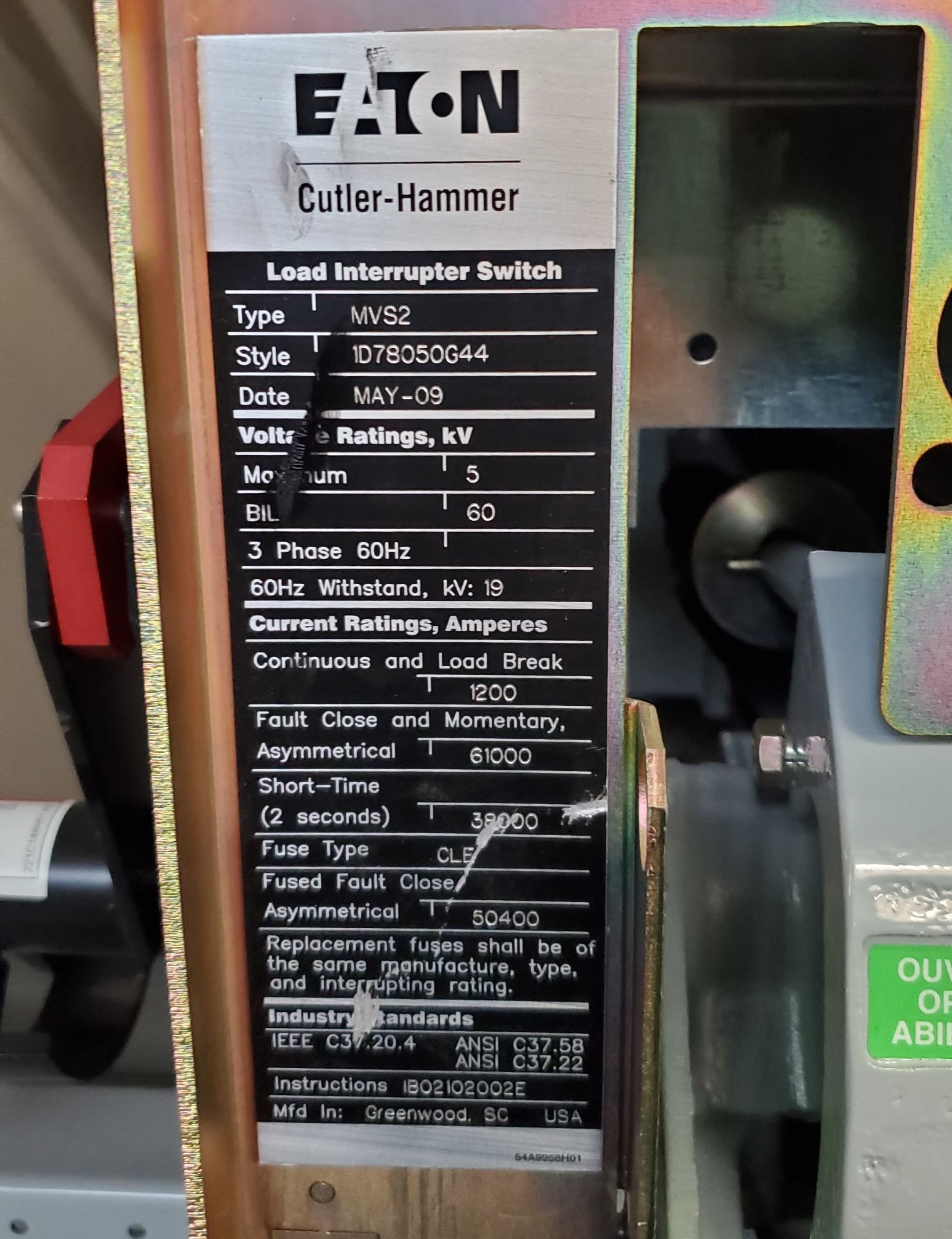 Cutler-Hammer Type MVS Medium Voltage Load Interruptor N3R/Enclose Category B 5KV, 600A, 3 Phase - Image 4 of 4