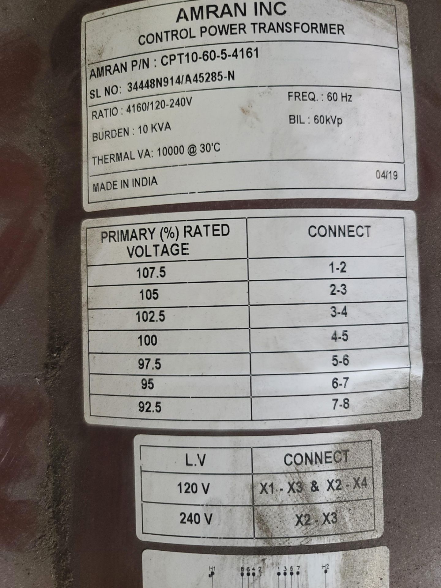 (Lot) (1) CPT 4160-120/240V 10KVA Amran, (1) PT 12,000-120V 100-1 Ratio (LOADING FEES: $20) - Image 2 of 5