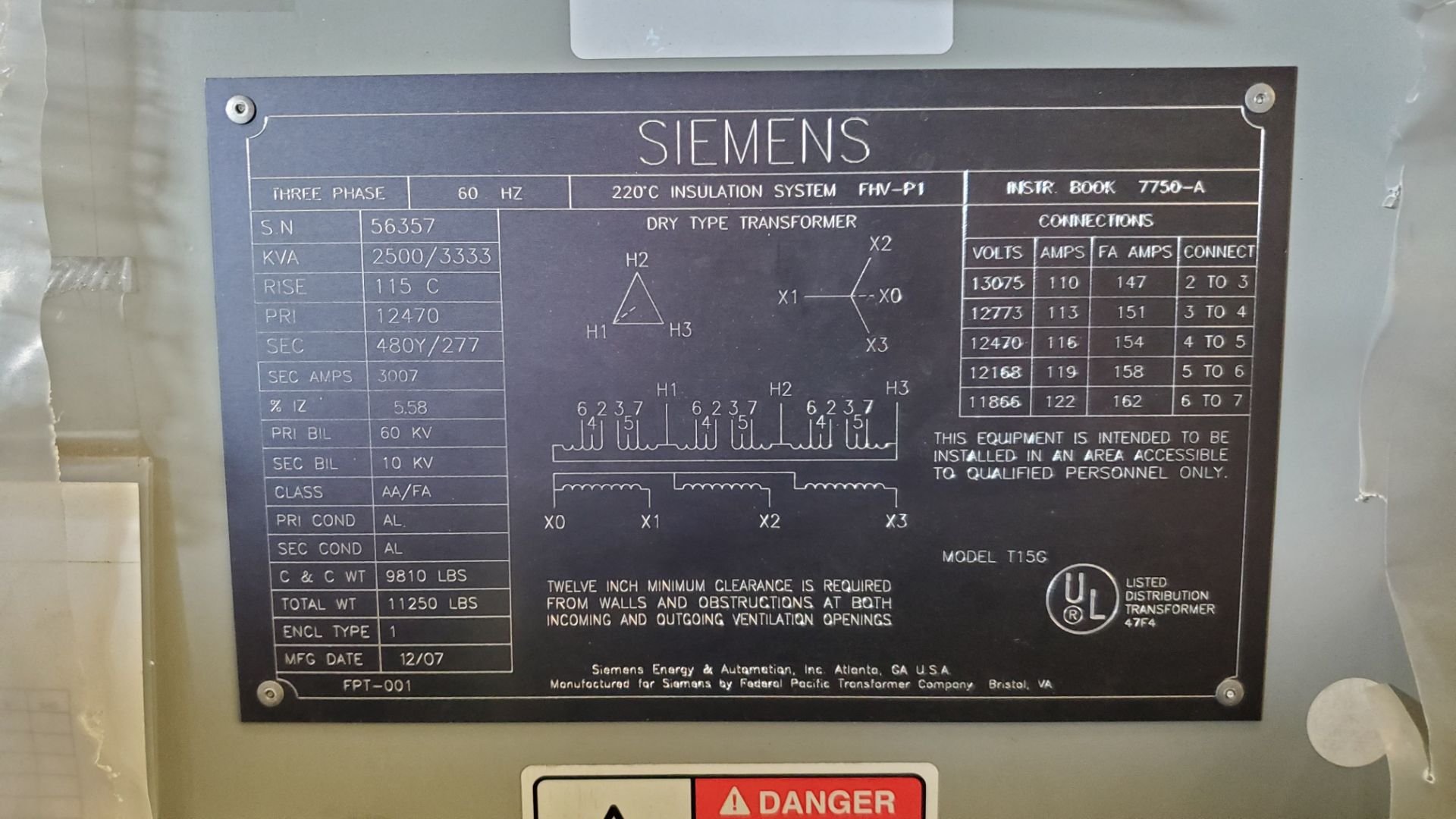 Siemens 2500/3333, 12470V-480Y/277 Dry Transformer (LOADING FEES: $400) - Image 2 of 2
