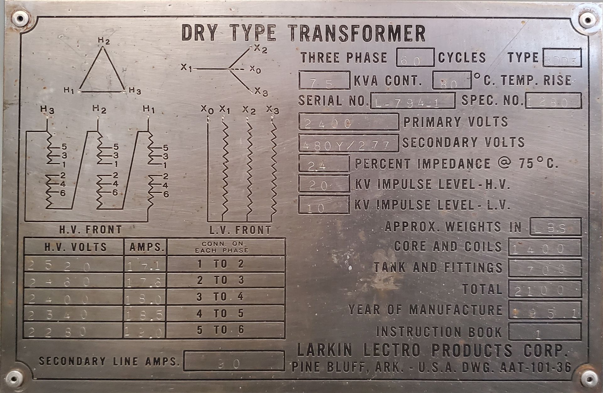 Larkin Lectro 75 KVA 2400-480Y/277 Dry Transformer (LOADING FEES: $125) - Image 2 of 2