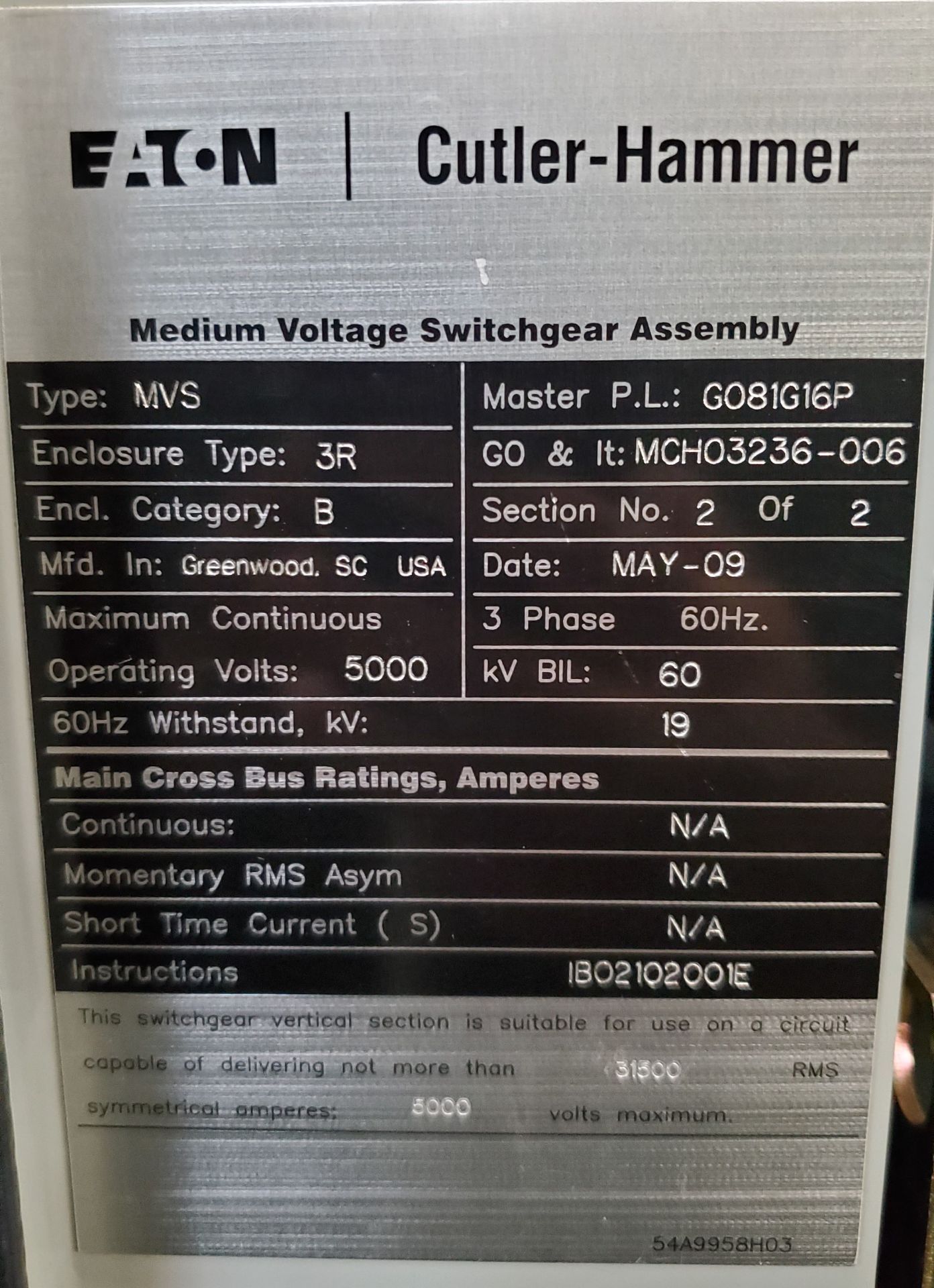 Cutler-Hammer Type MVS Medium Voltage Load Interruptor N3R/Enclose Category B 5KV, 600A, 3 Phase - Image 2 of 4