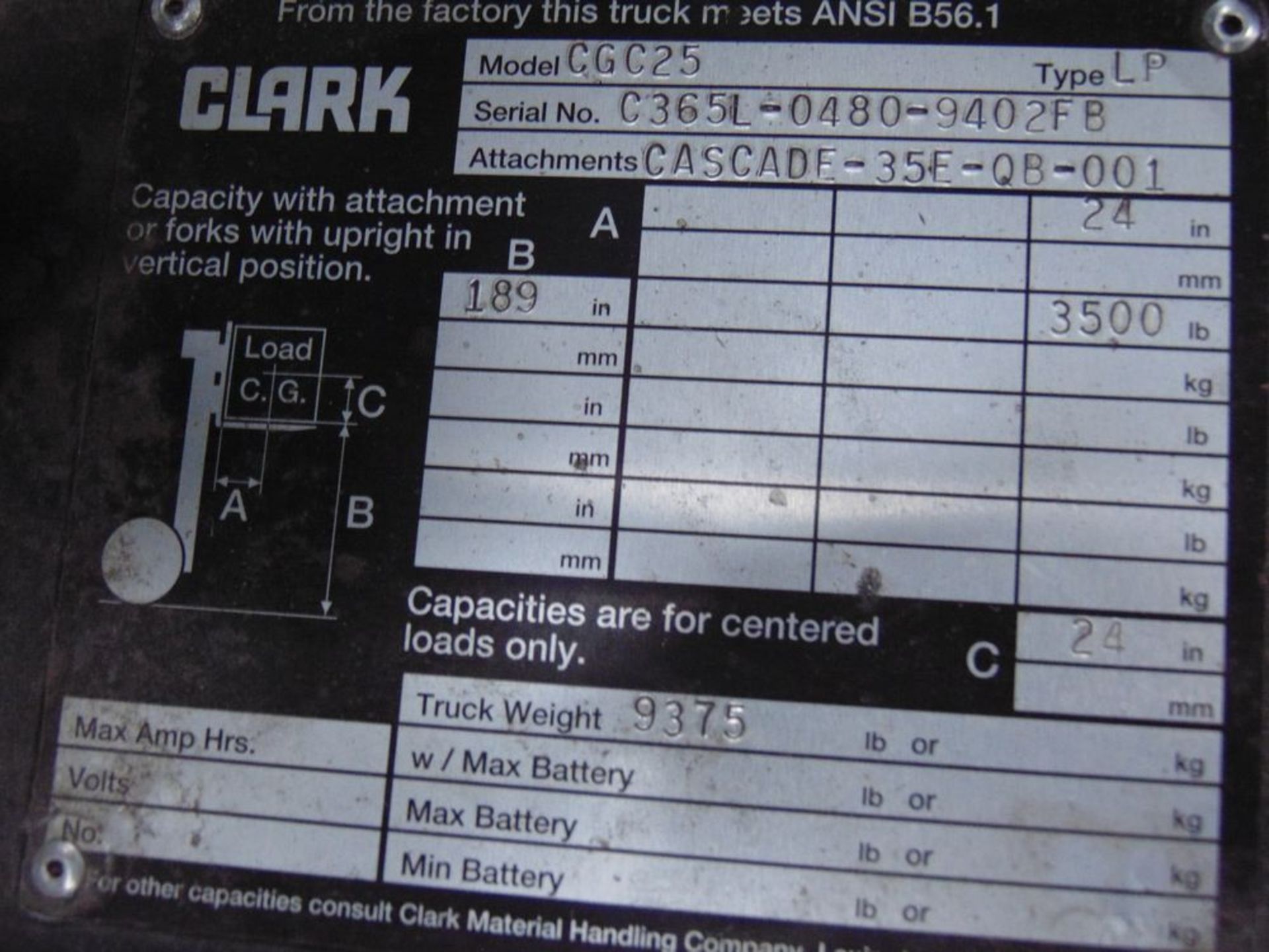 Clark mod. CGC25, 3500lb. Cap. LPG Forklift, - Image 7 of 7