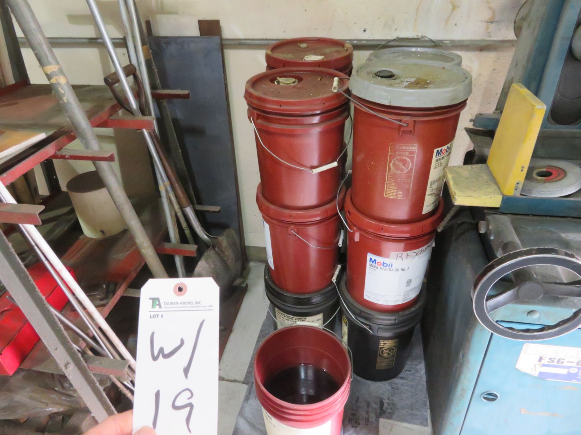 (Lot) Tool Holder Rack w/ Shovels and Contents & (12) Drums Hydraulic Fluid and Oil - Image 2 of 2