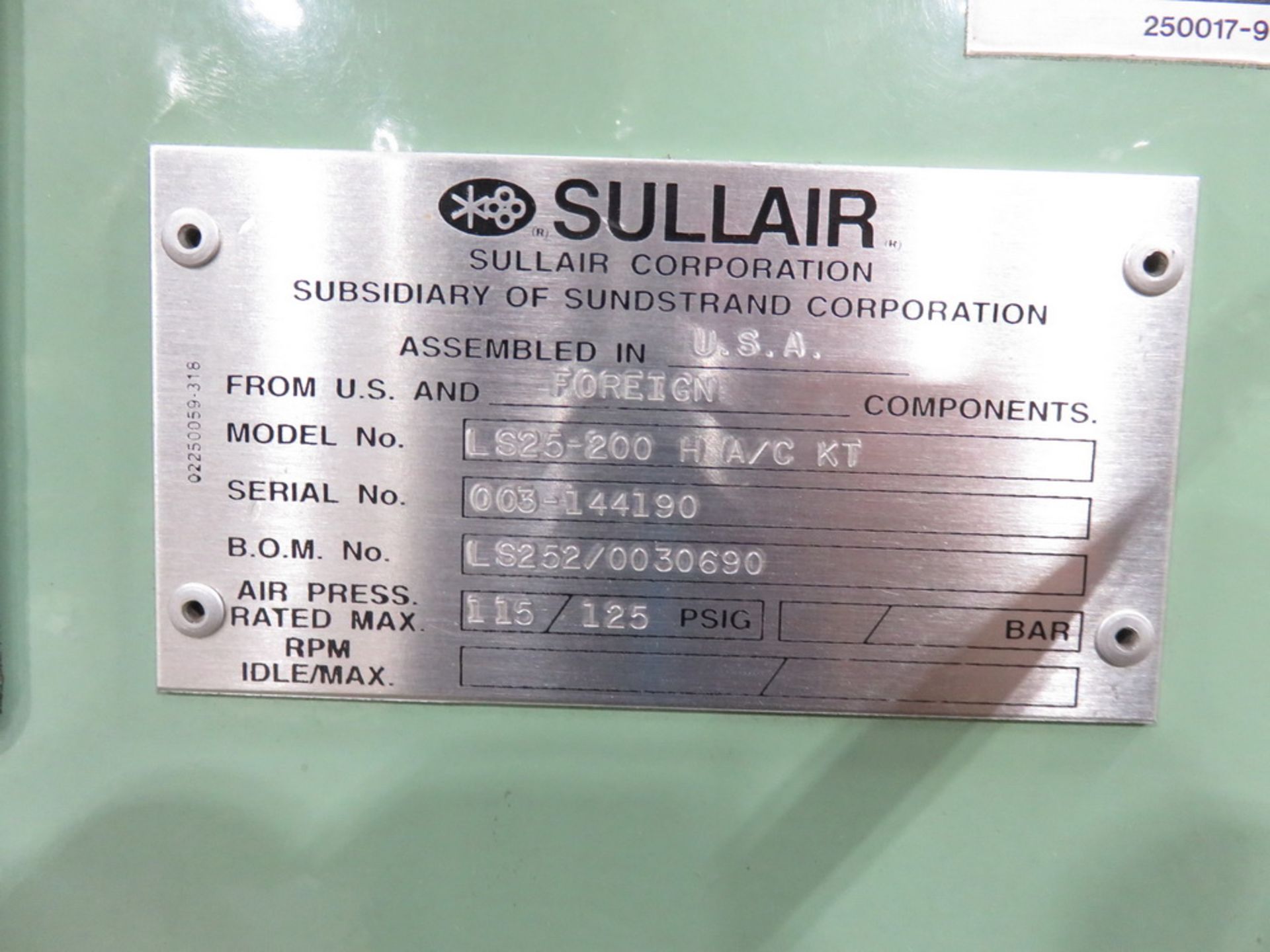 Sullair LS25-200 H A/C KT Rotary Screw Air Compressor - Image 3 of 7