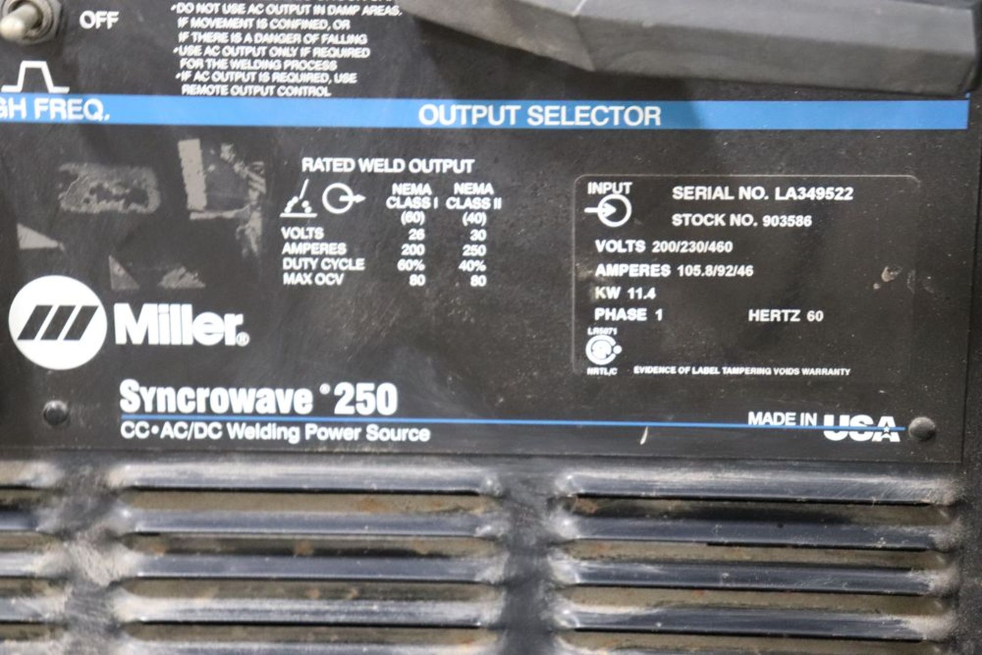 Miller Syncrowave 250 Tig Welder w/ Water Cooler - Image 7 of 12