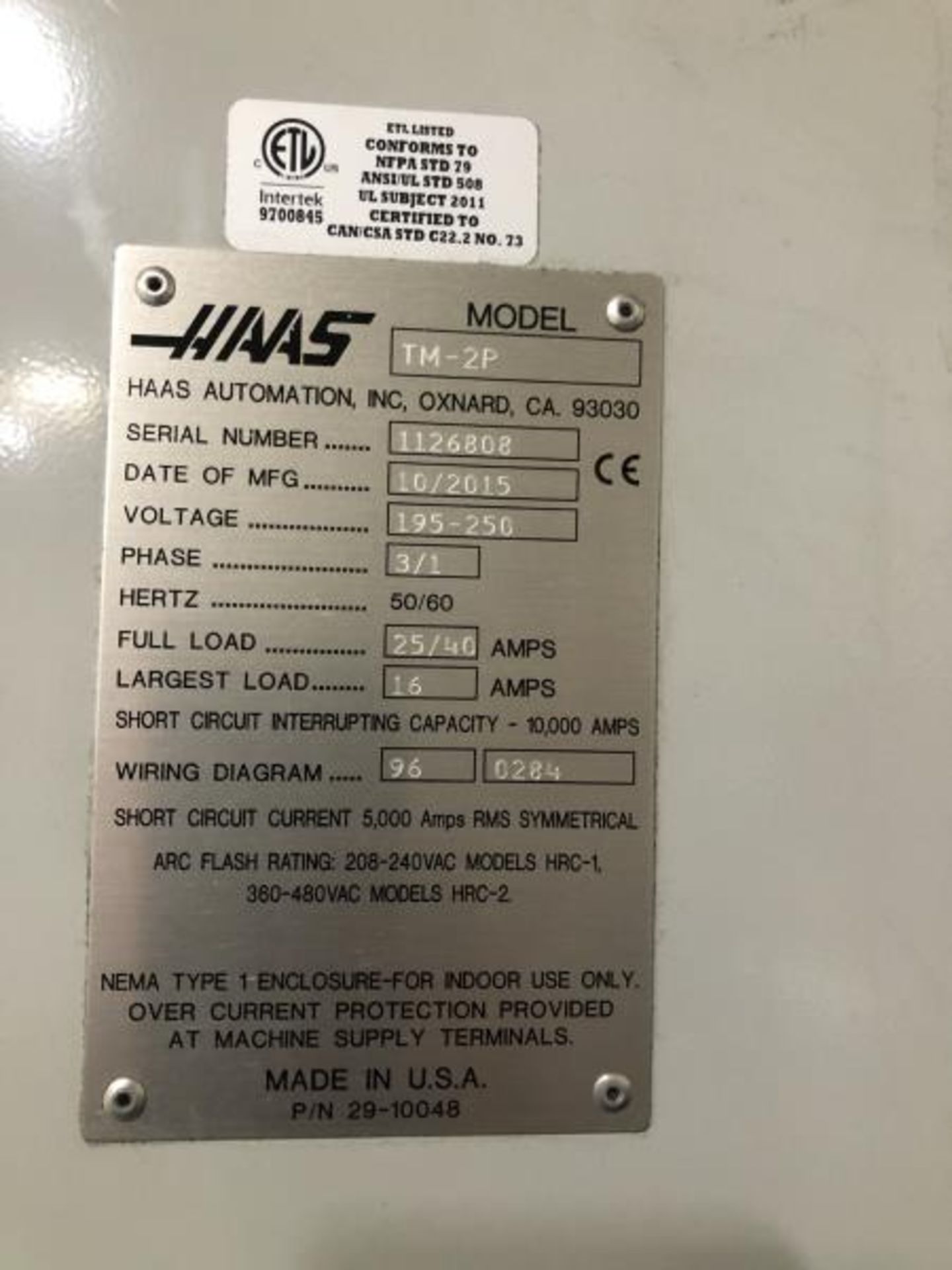 Haas M: TM-2P, SN: 1126808, MFD: 10/2015, 220v, 3:1 phase - Image 8 of 10