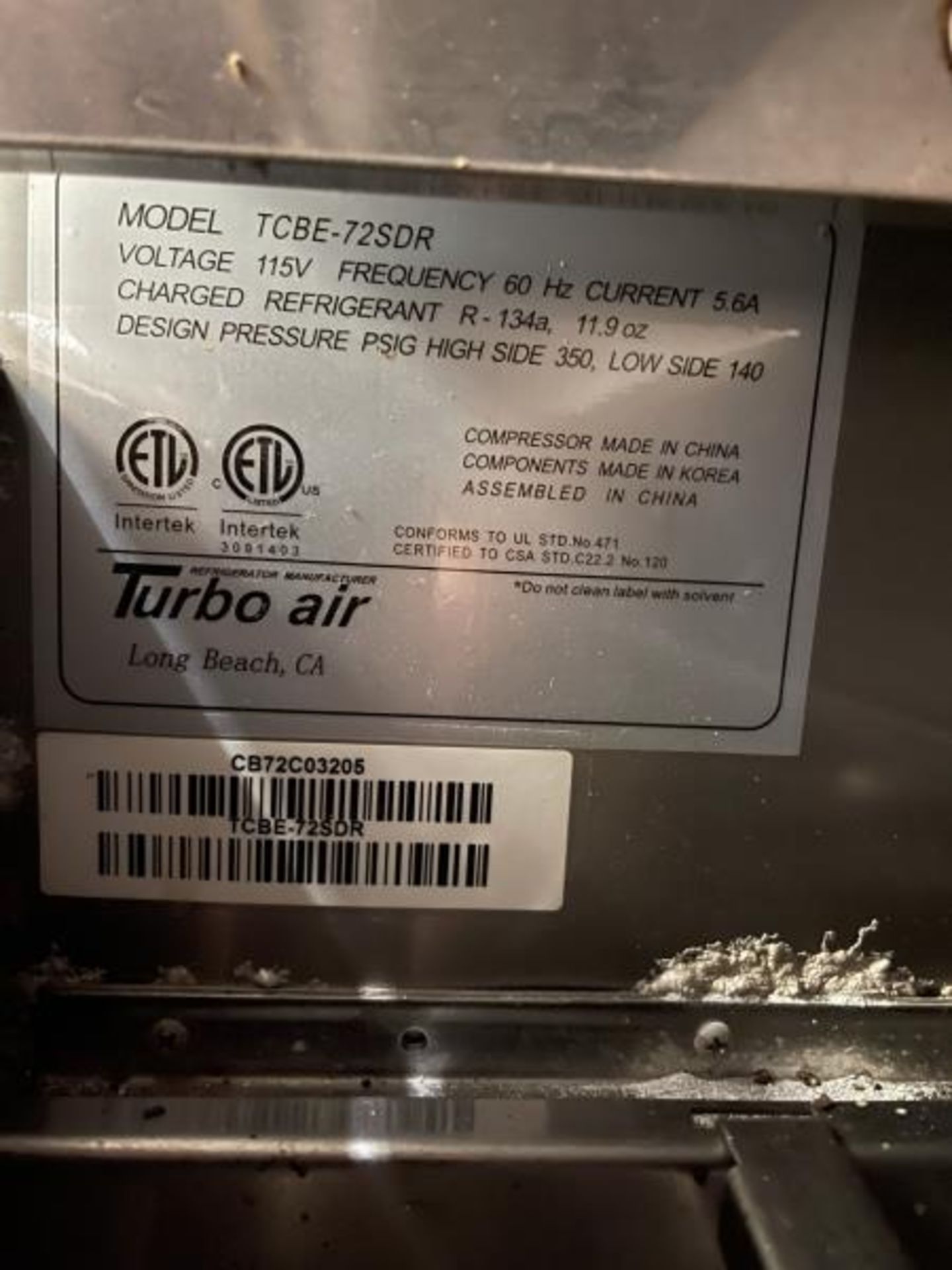 Turbo Air refrigerated grill base, 4 drawers, 72" long, Model: TCBE-72SDR - Image 3 of 3