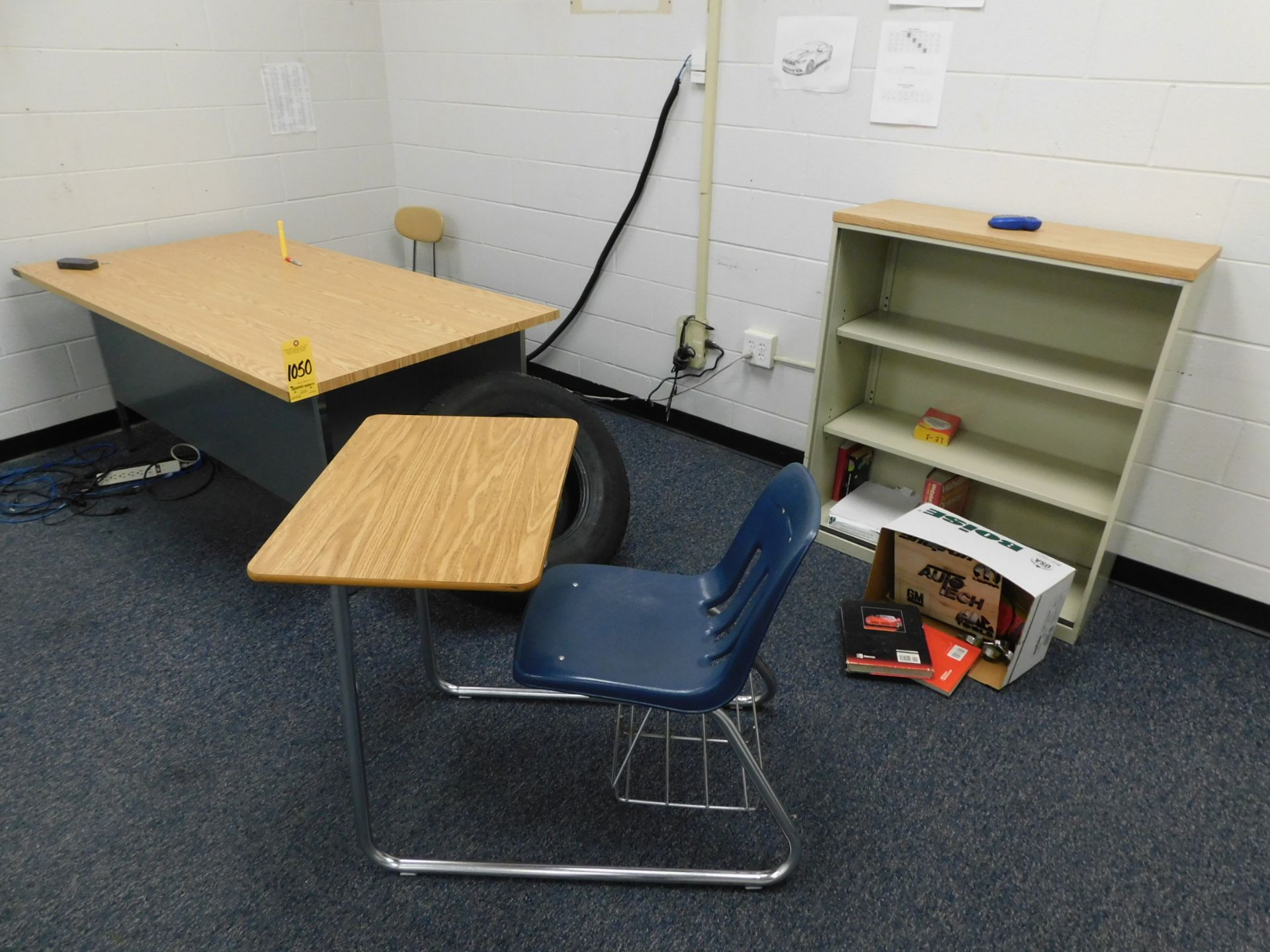 Contents of Room 204, Student Desk, Desk and Bookshelf