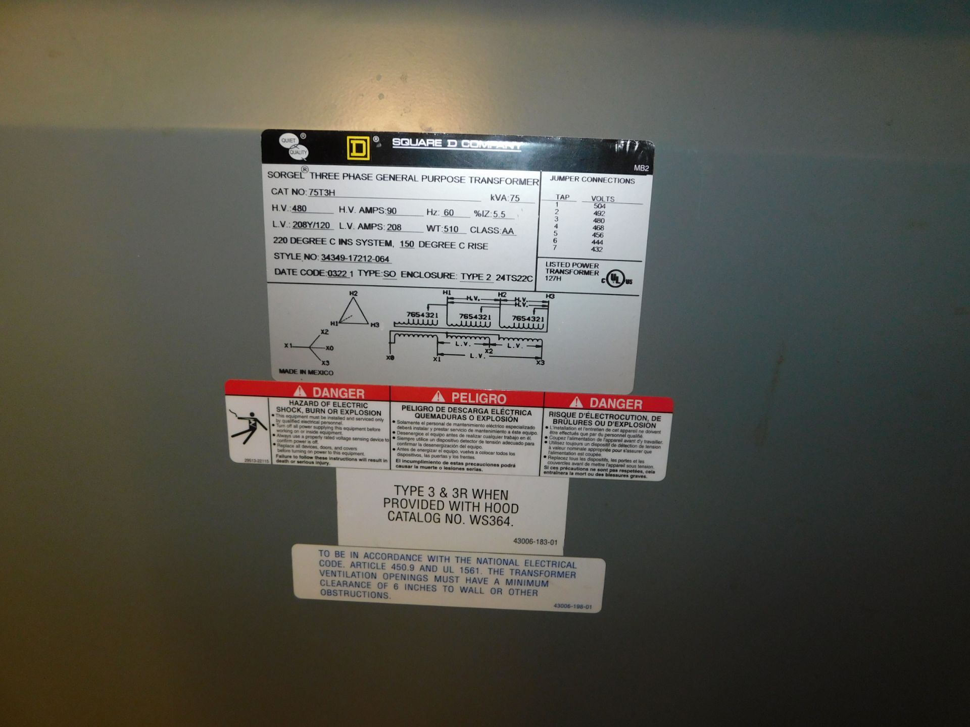 Square D 75 KVA 3-phase Transformer, HV 480, LV 208/120 - Image 2 of 2