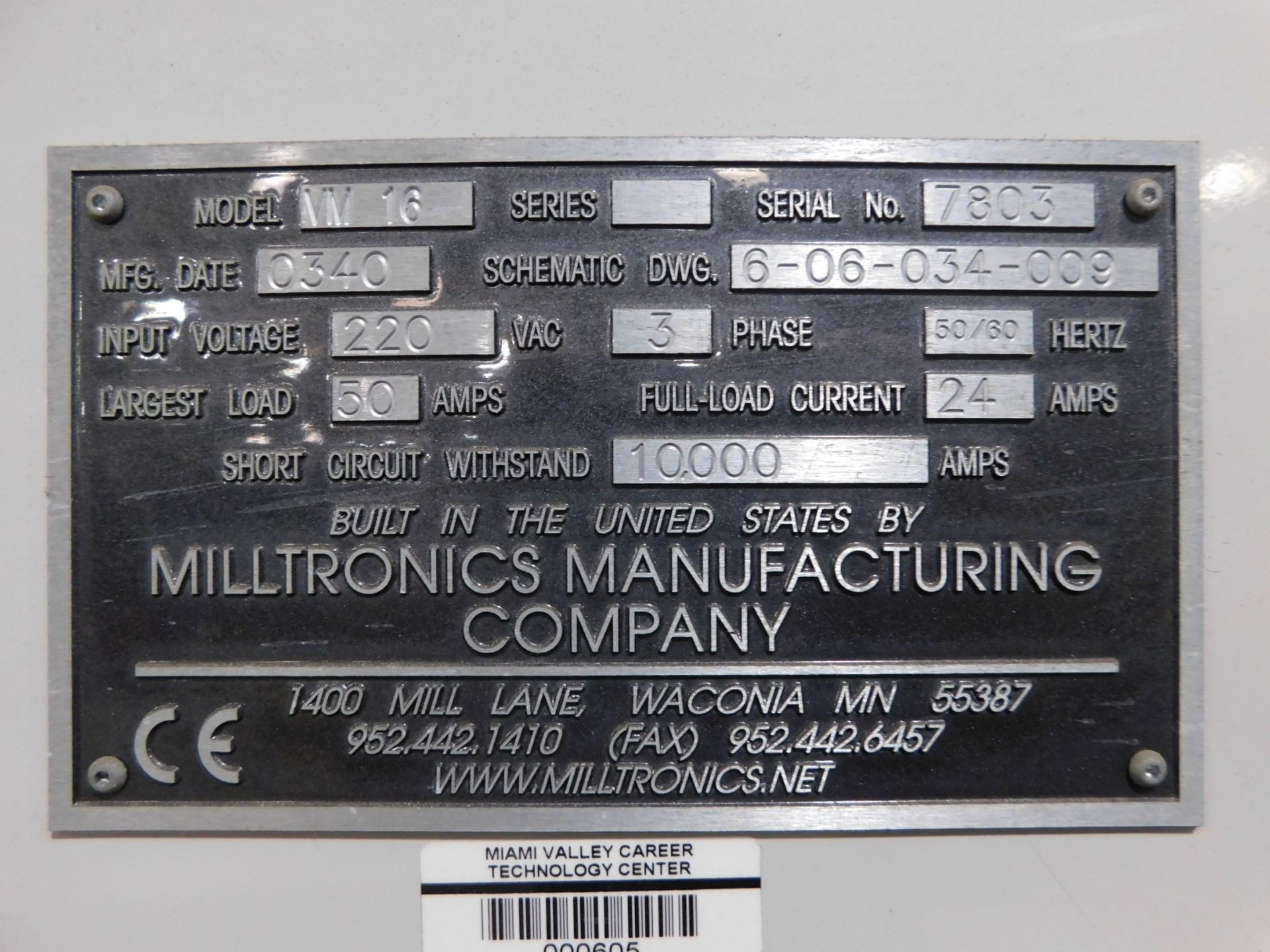 Milltronics Model VM16 Vertical Machining Center, SN 7803, Mfg. Date 0340, 16" x 45" Table, 16 - Image 14 of 14