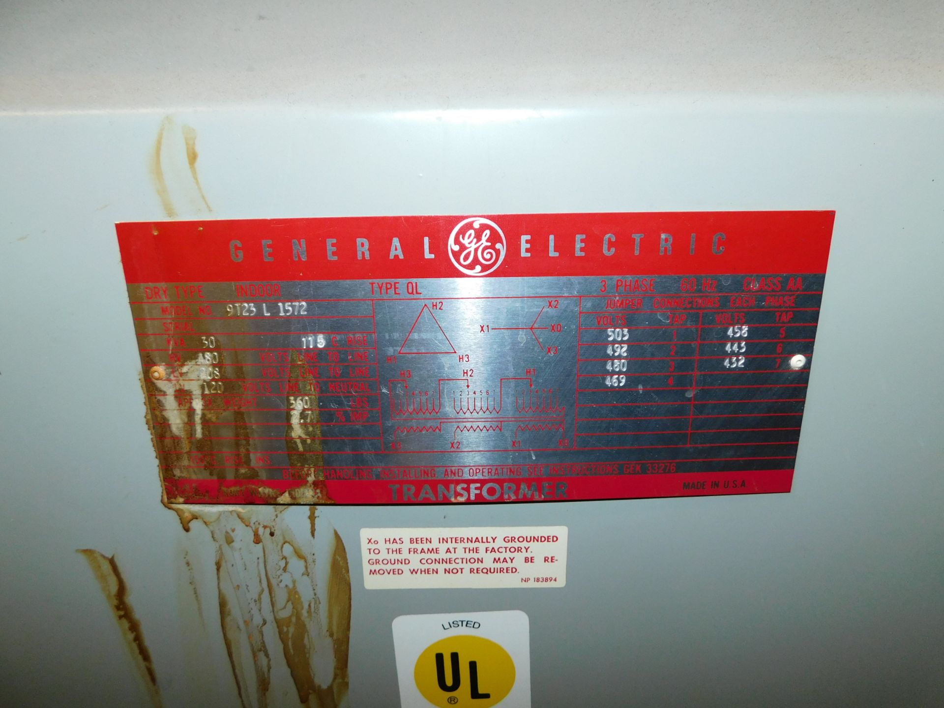 G. E. 30 KVA 3-phase Transformer, HV 480, LV 208/120 - Image 2 of 2