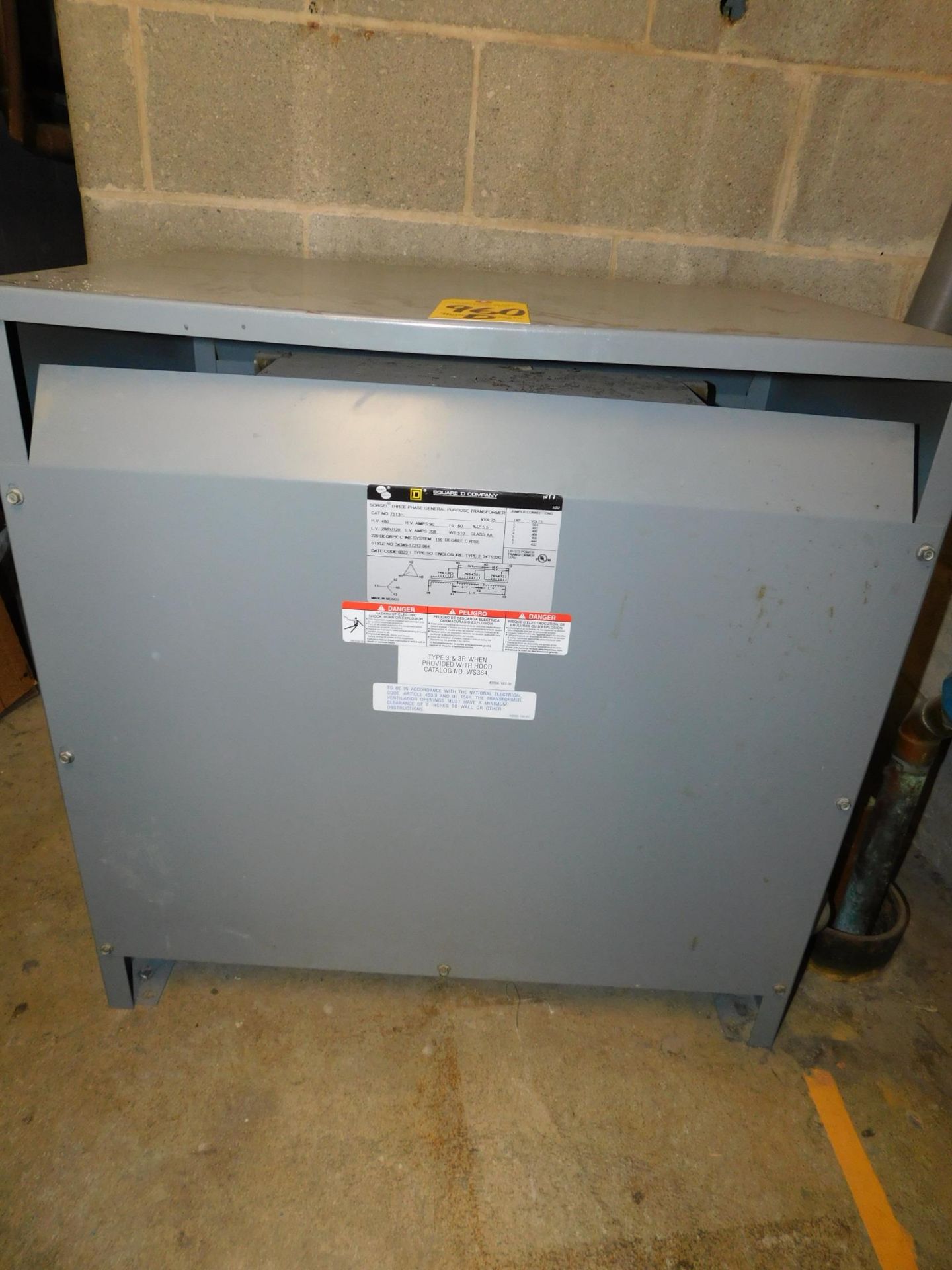 Square D 75 KVA 3-phase Transformer, HV 480, LV 208/120