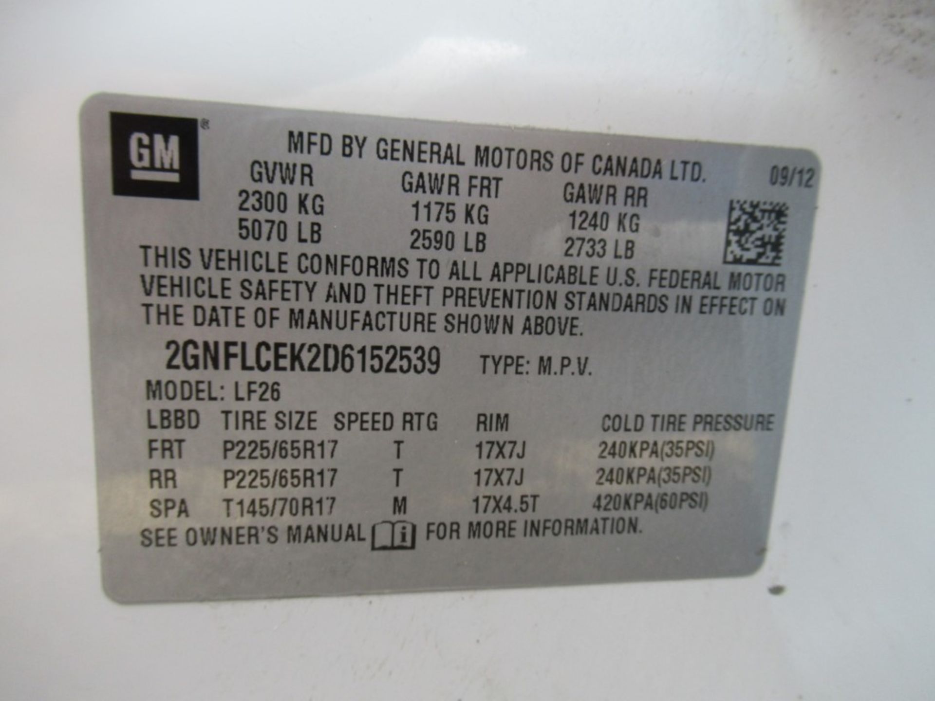 2013 Chevrolet Equinox SUV, VIN 2GNFLCEK2D6152539, Automatic, Cruise Control, AC, PW, PL, PS, AM/FM, - Image 26 of 26