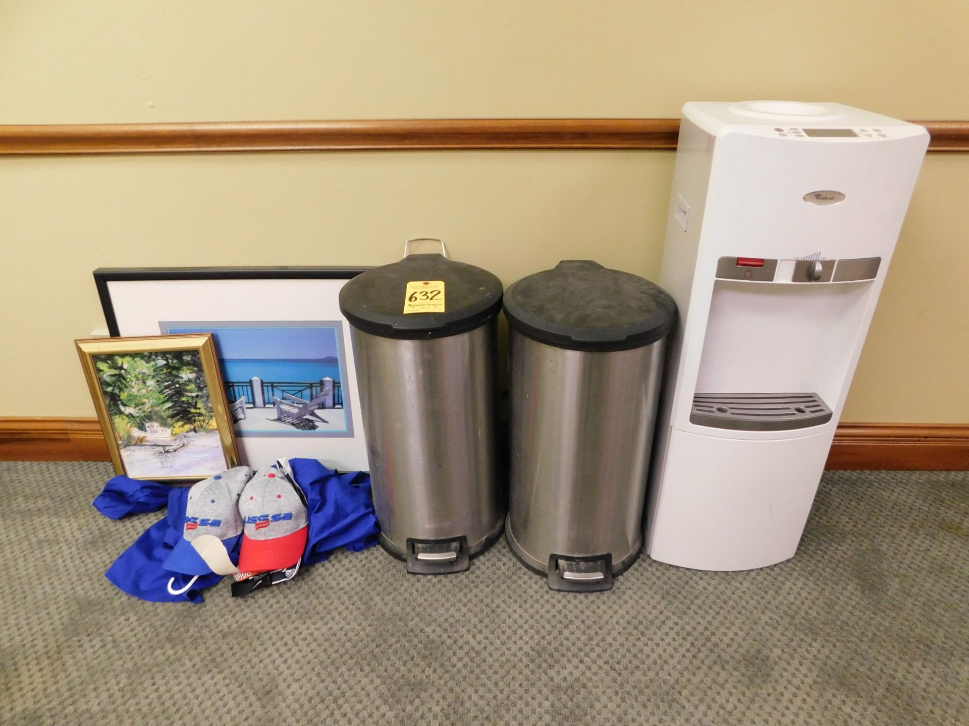 Water Cooler, Trash Cans, Hats, and Wall Décor