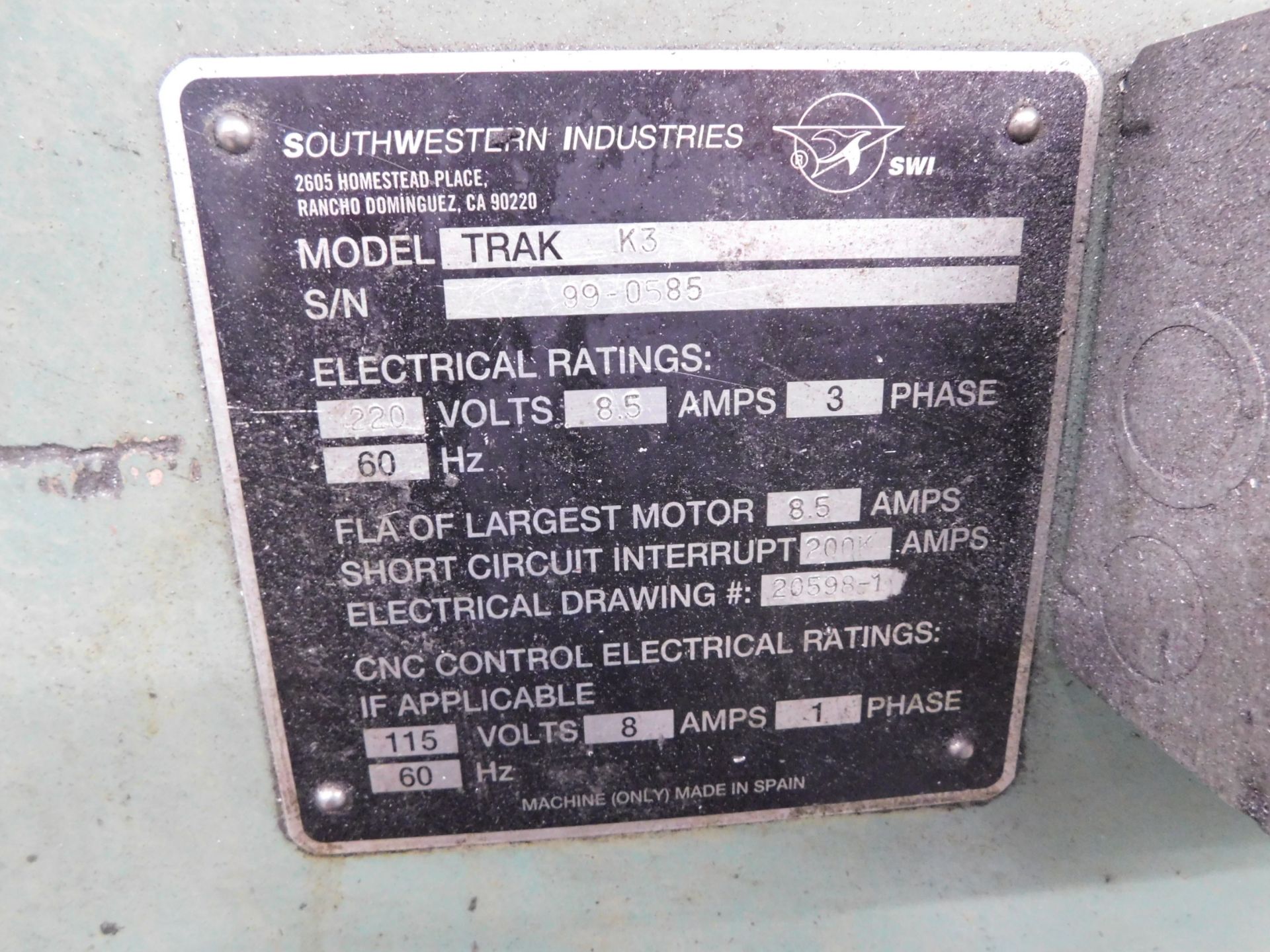 SWI Trak Model K3 CNC Vertical Mill, s/n 99-0585, with Prototrak AGE2, 2-Axis CNC Control, 10" X 50" - Bild 11 aus 12
