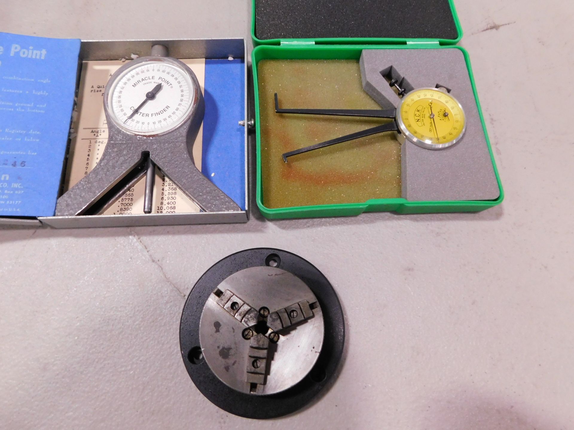 Dial Groove Gage, Center Finder, and 3" 3-Jaw Chuck