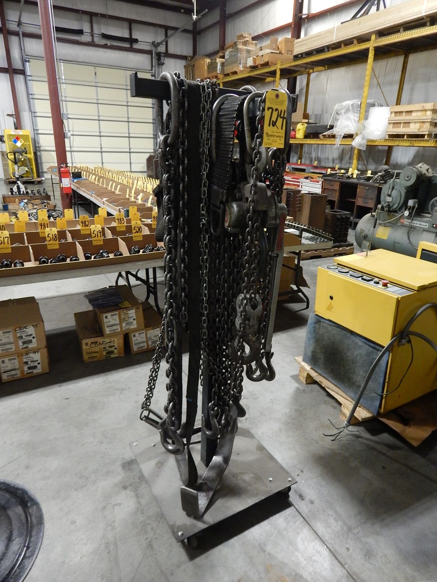 Rack with 3-Ton Ratchet Chain Hoist, Lifting Tongs, Chain and Staps