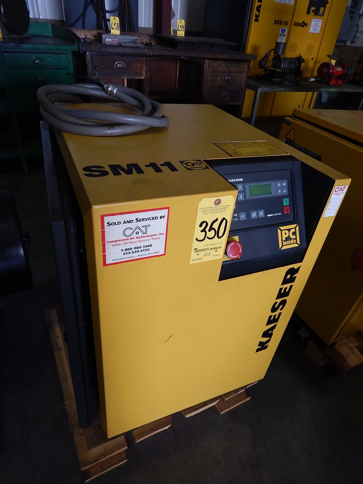 Kaeser Model SM11 Rotary Screw Air Compressor, s/n 1.9623.80010.1161, 10 HP, 42 CFM, Sigma PLC