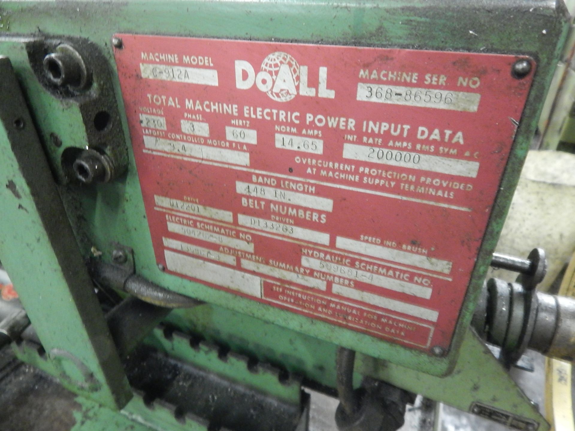 Do-All Model C-912A Auto Horizontal Band Saw, s/n 368-86596, 9” X 12” Rectangular Capacity, 9” Round - Image 5 of 9