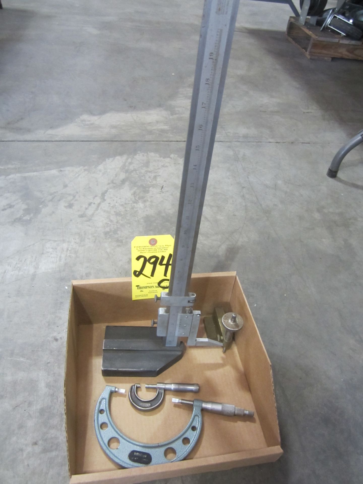 Lufkin 14" Vernier Height Gage, Mitutoyo 3"-4" Micrometer, and Starrett 0 - 1" Micrometer