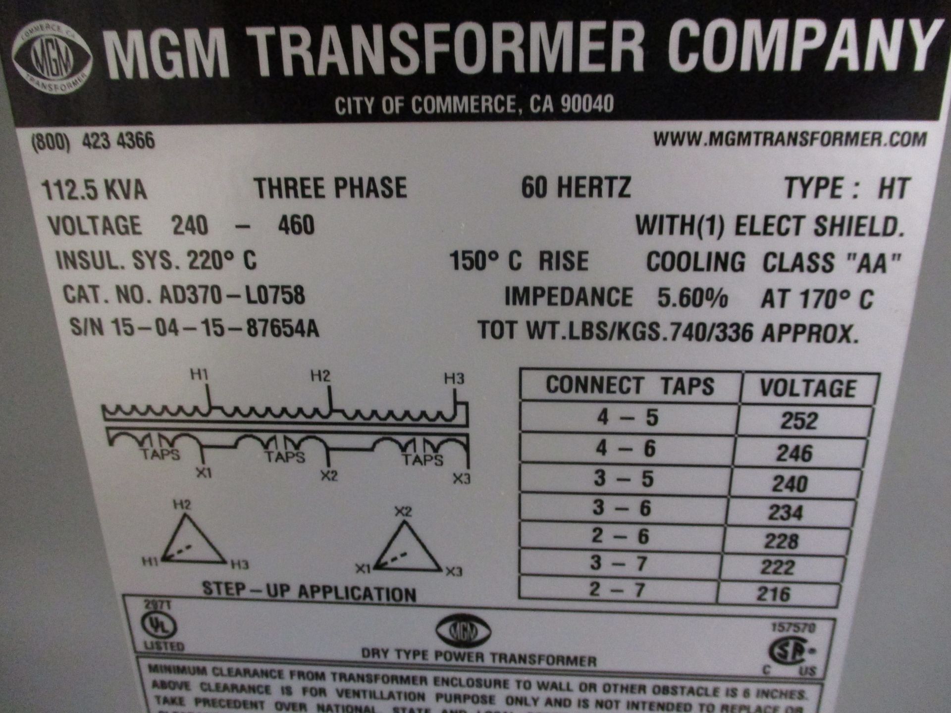 MGM 112.5 KVA, 3 Phase Transformer, Input 240V Output 460 V - Image 3 of 3