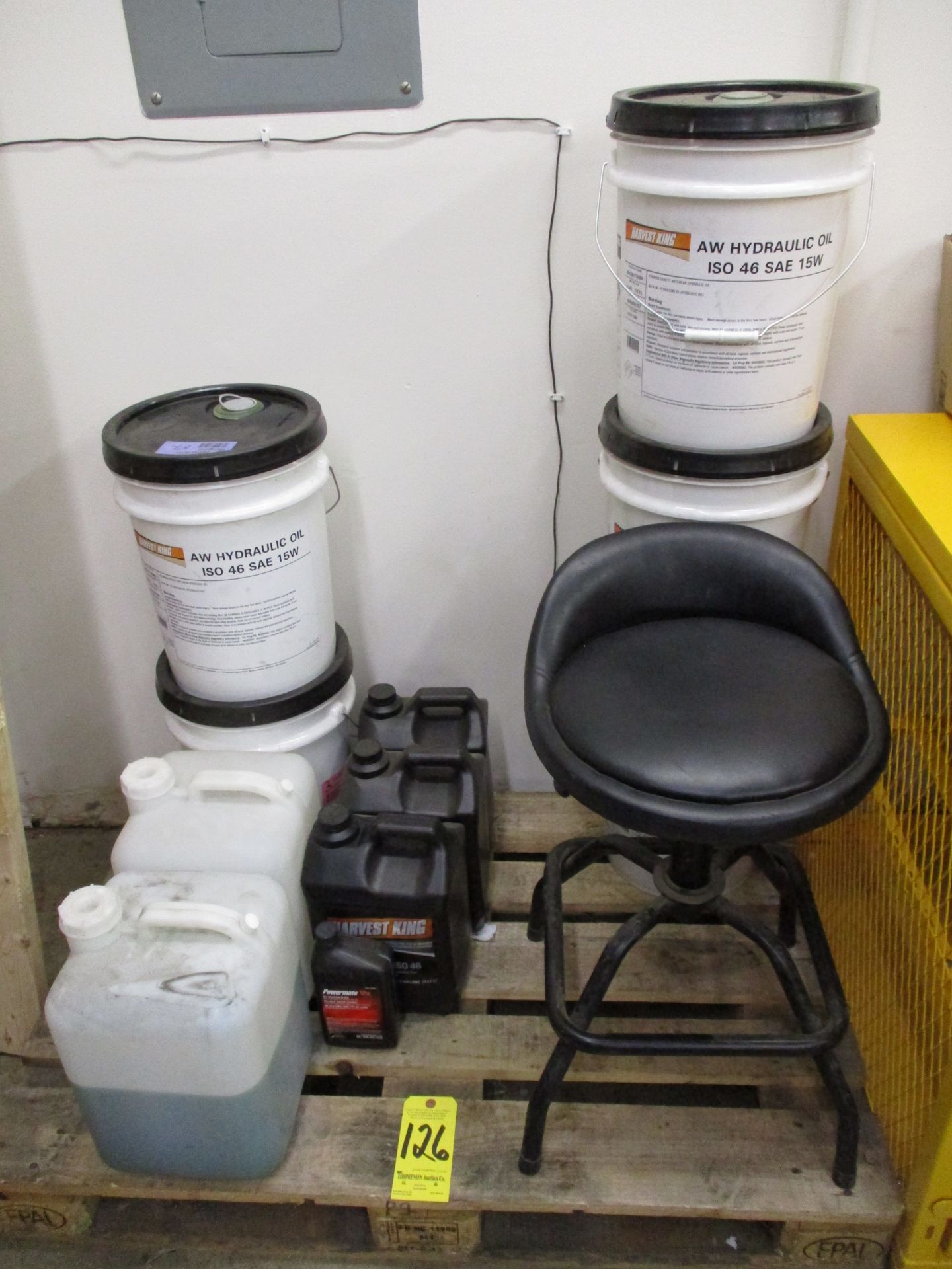 Skid Lot of Hydraulic Oil and Shop Stool