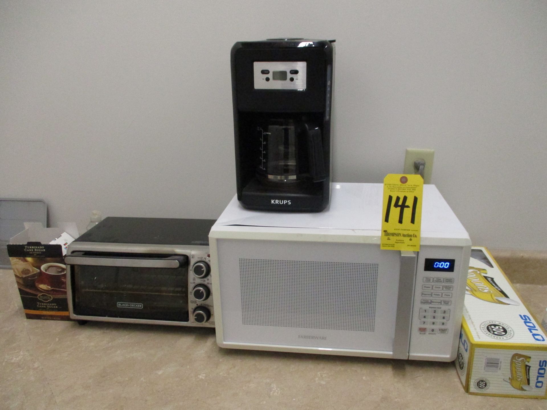 Krups Coffee Maker, Farberware Microwave, and Black and Decker Toaster Oven