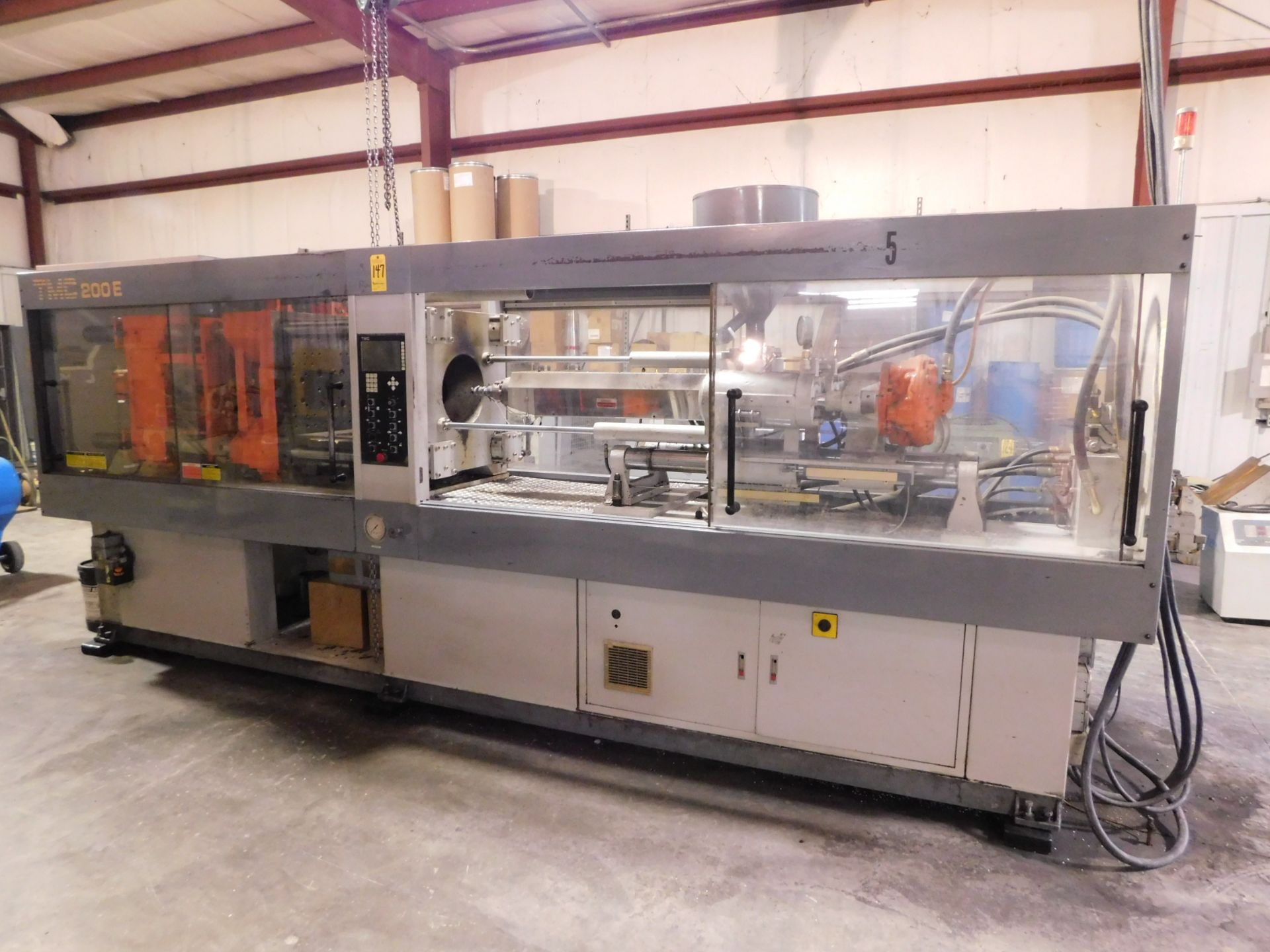 TMC Model TMC-200E Plastic Injection Molding Machine, s/n 9501159, New 1995, 200 Metric Ton, 220 U.