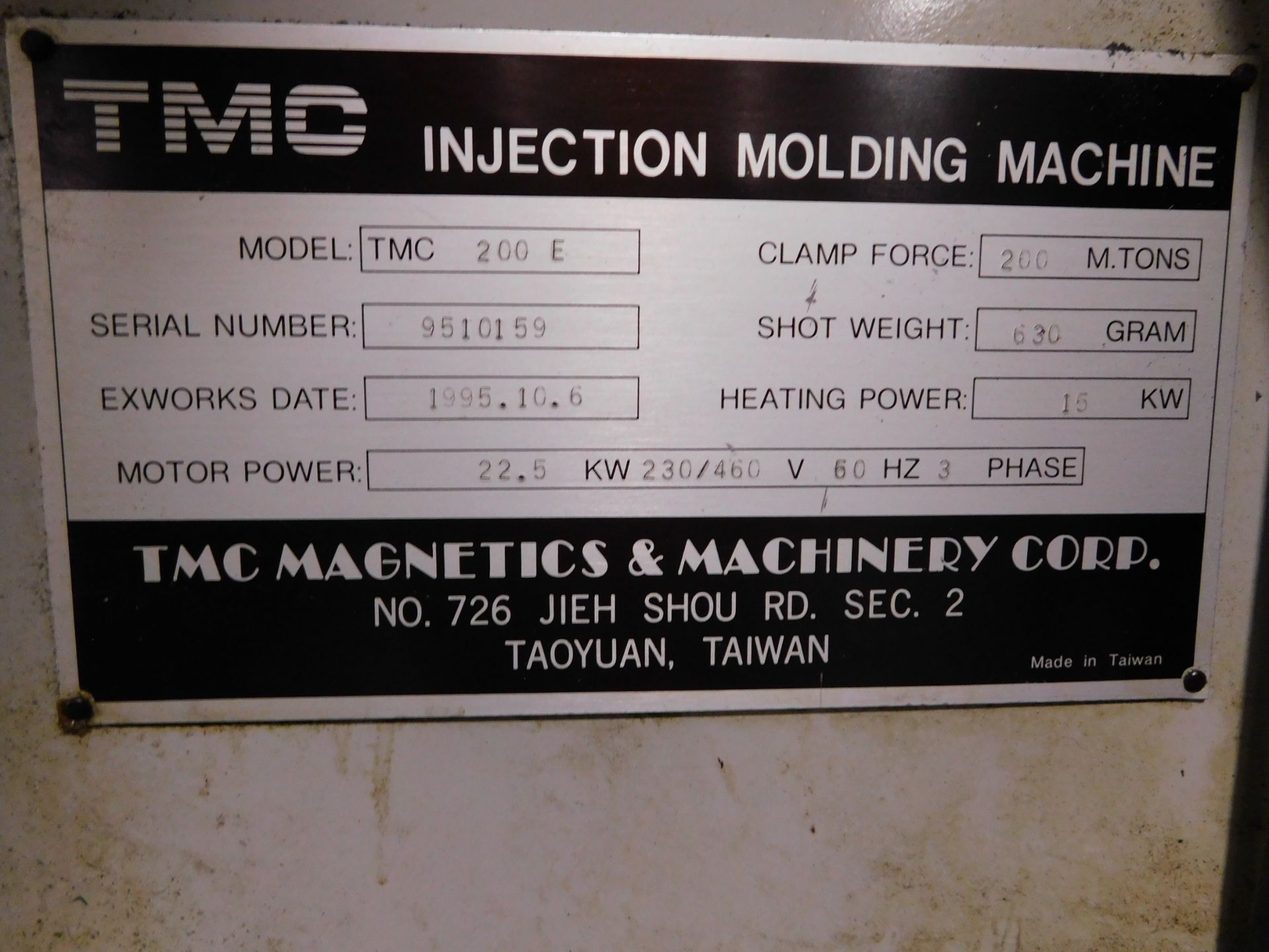 TMC Model TMC-200E Plastic Injection Molding Machine, s/n 9501159, New 1995, 200 Metric Ton, 220 U. - Image 9 of 9