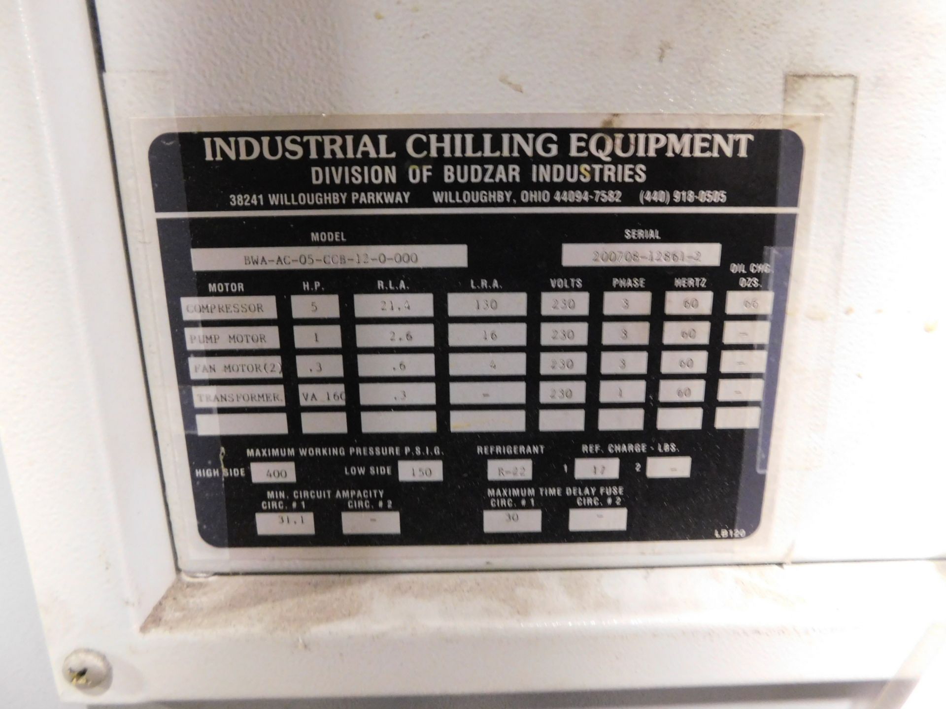 Budzar Model BWA-AC-05-CCB-12-0-00 Chiller, s/n 200708-12861-2, Loading Fee $50.00 - Image 3 of 3