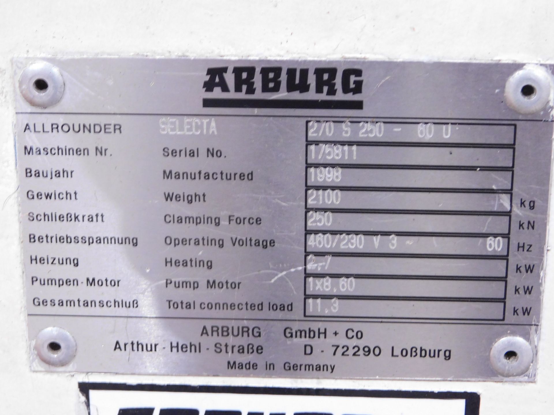 Arburg 270S/250-60 Plastic Injection Molding Machine, s/n 175811, New 1998, 25 Ton, 1.318 Fl. Oz. - Image 9 of 9