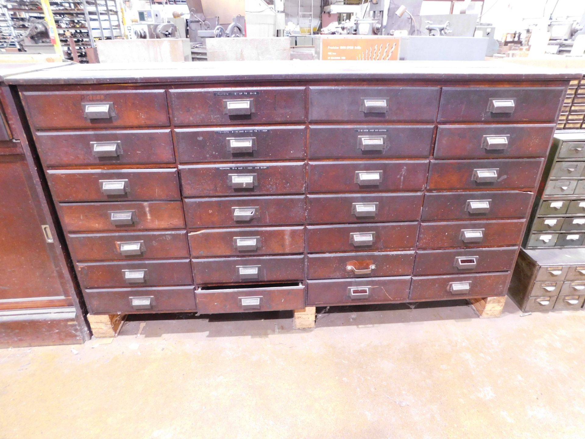 28-Drawer Wooden Parts Cabinet and Contents, 72" X 20" D X 36 1/2" H