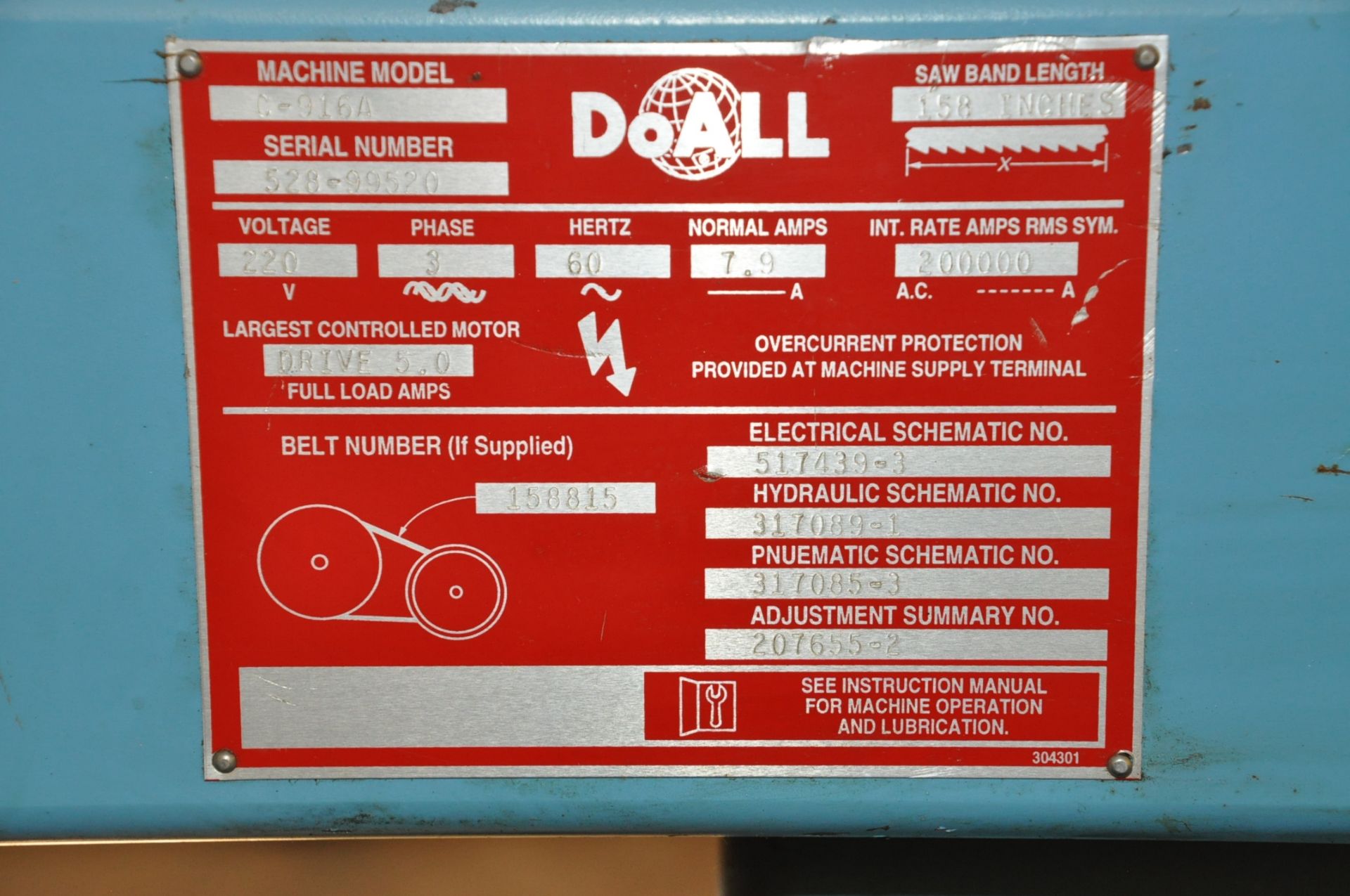 DoAll Model C-916, 9" x 16" Horizontal Metal Cutting Band Saw, Automatic, s/n528-99520, 1" Blade, - Image 7 of 7