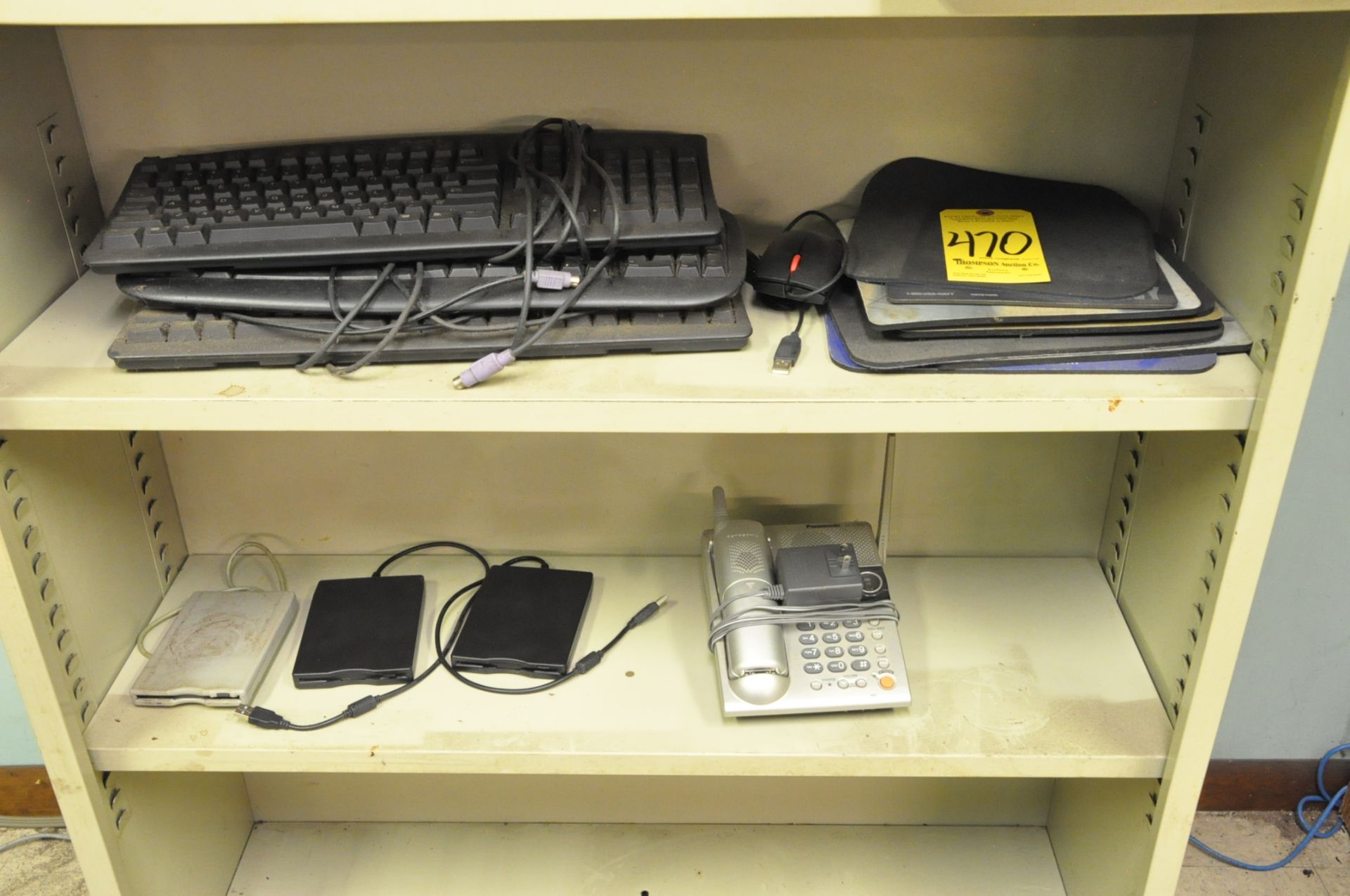 Lot, Keyboards, Mouse Pads, Floppy Drives and Phone on (2) Shelves