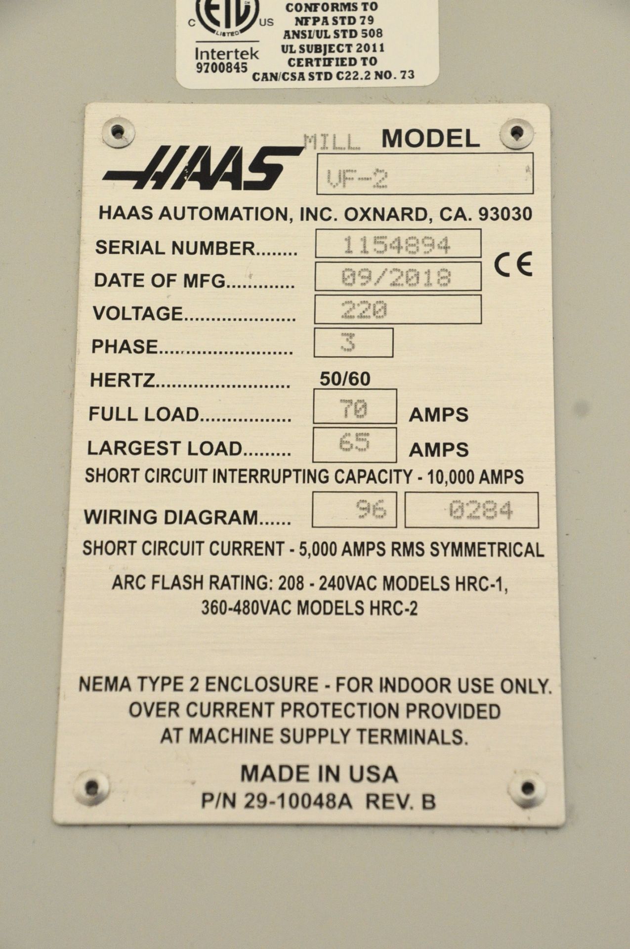 Haas VF2 CNC Vertical Machining Center, s/n 1154894, New 2018, Haas CNC Control, 20 HP, 8,100 RPM, - Image 7 of 7