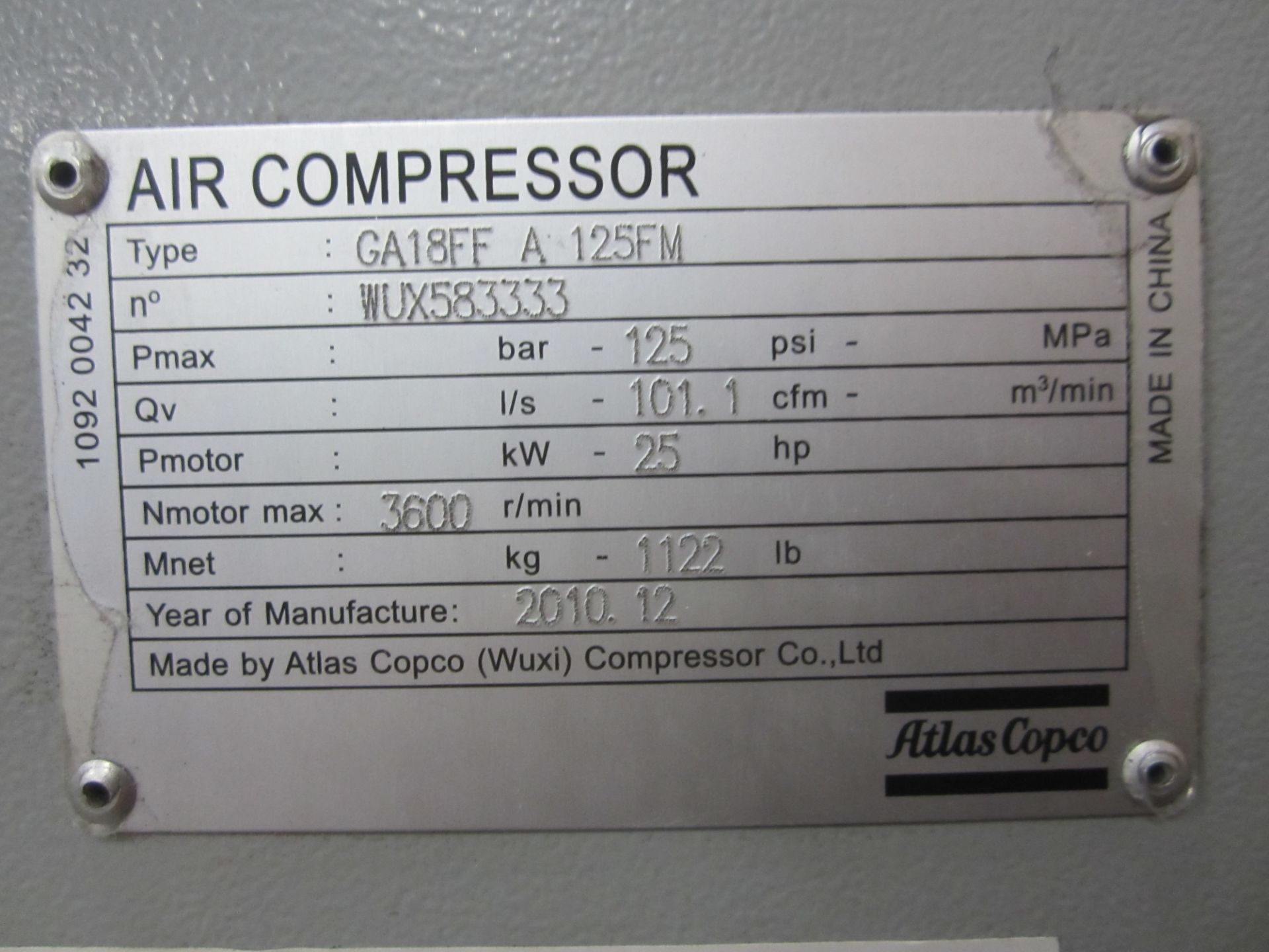 Atlas Copco GA18FF Rotary Screw Air Compressor, s/n WUK503333, New 2010, 25 HP, PLC Control - Image 7 of 10