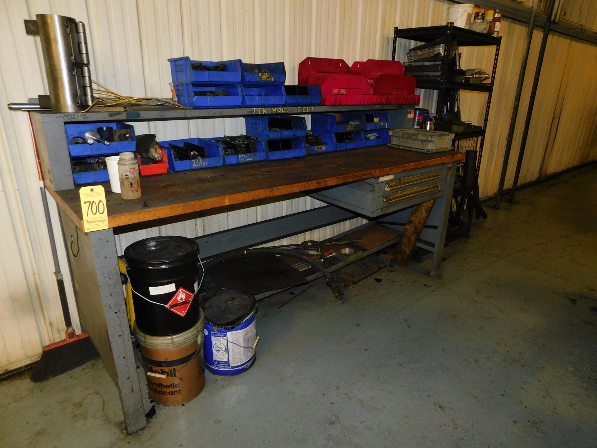 Butcher Block Top Work Bench and Contents, 30" X 96" X 38" High, and Metal Shelving and Contents