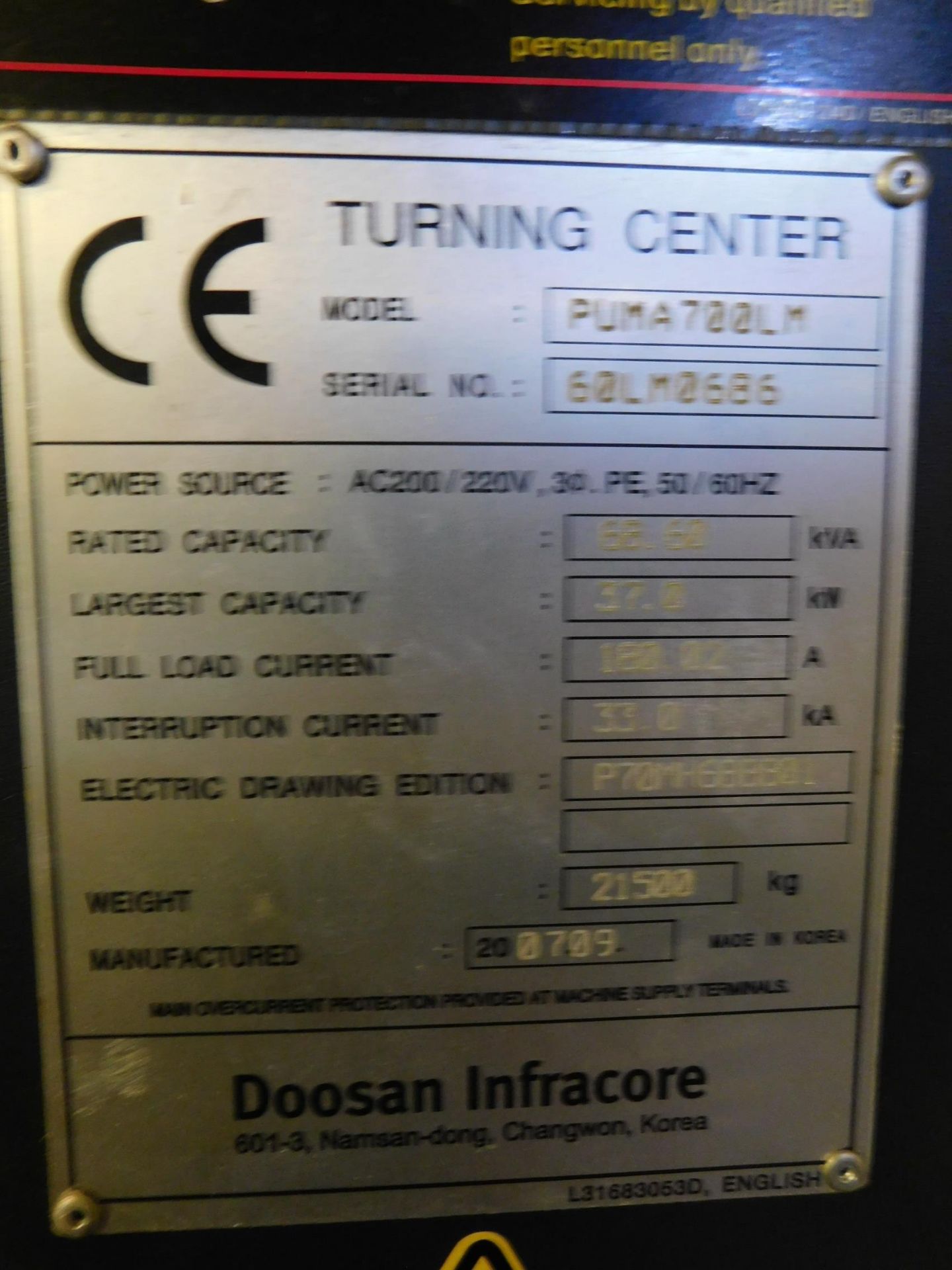 Doosan Model Puma 700LM CNC Turning Center, s/n 60LM 0686, New 2007, Fanuc 21-TB CNC Control, 24” - Image 13 of 17
