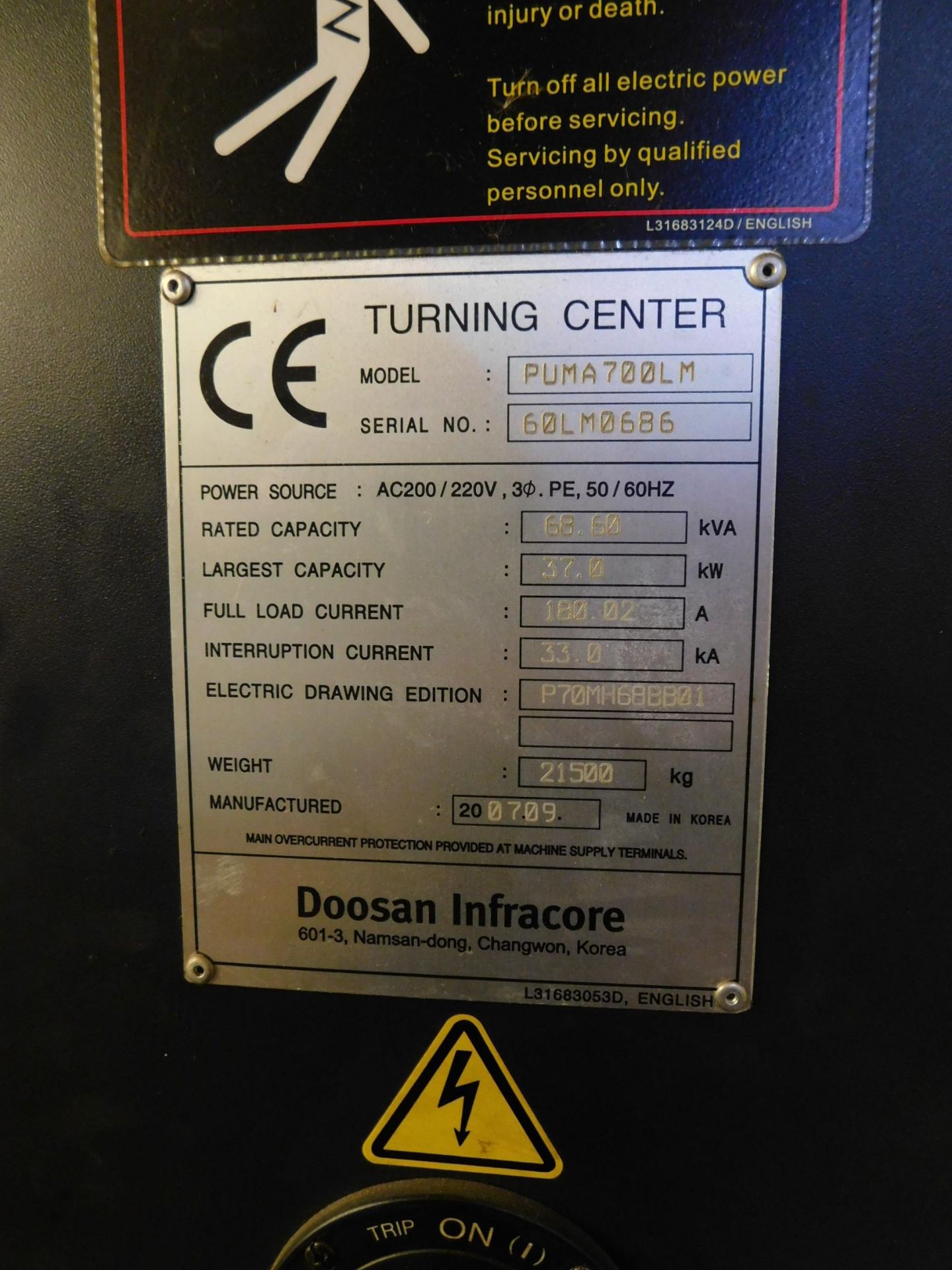 Doosan Model Puma 700LM CNC Turning Center, s/n 60LM 0686, New 2007, Fanuc 21-TB CNC Control, 24” - Image 14 of 17