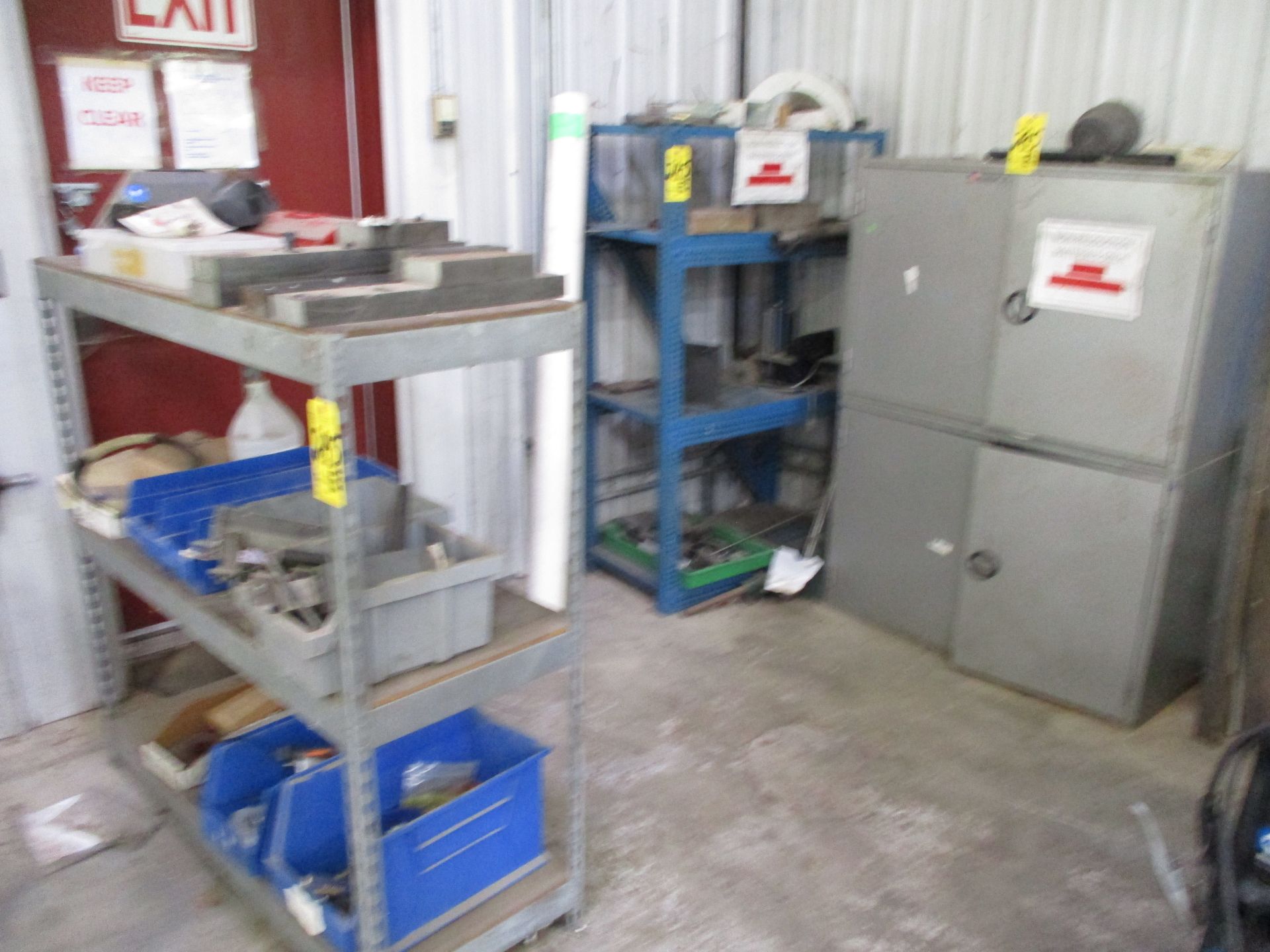 4-Door Metal Cabinet and (2) Shelving Units and Contents