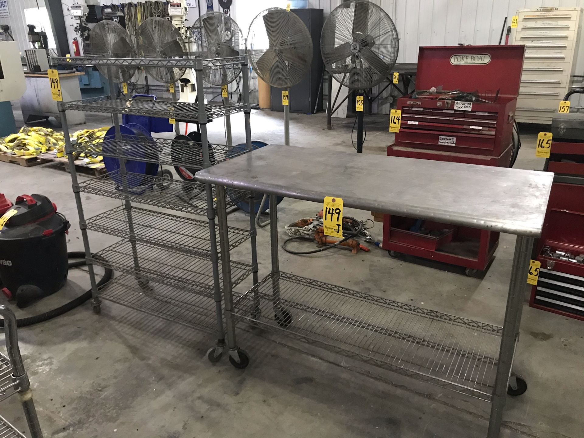 Stainless Steel Table On Casters, 2' X 4' X 39", NSF 3-Tier Cart, 3' X 2' X 38" H, and Shelving Unit