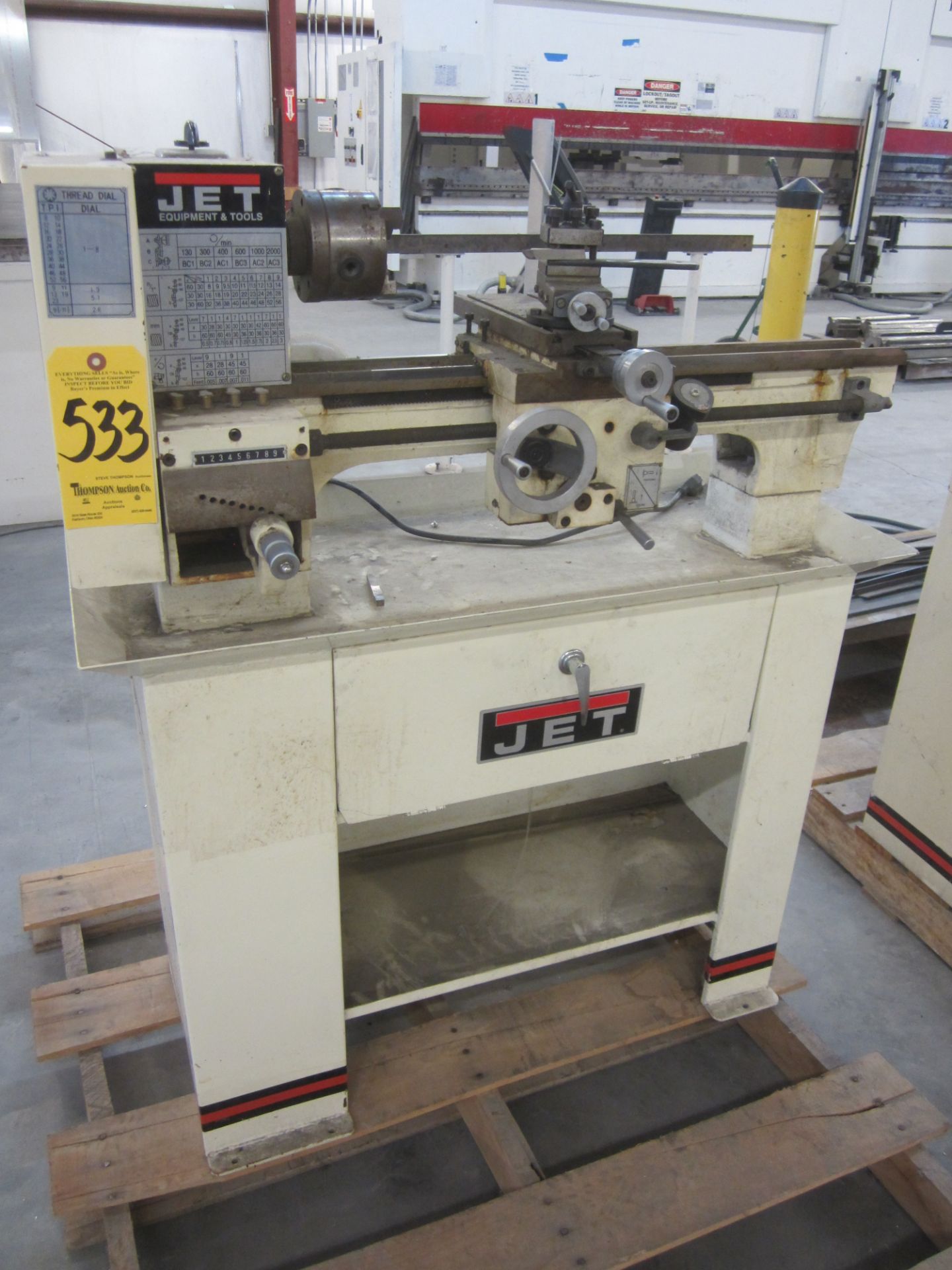 Jet 10" X 18" Lathe, 4" 3-Jaw Chuck, 4-Way Tool Post, Follow Rest, No Tailstock, 110/1/60