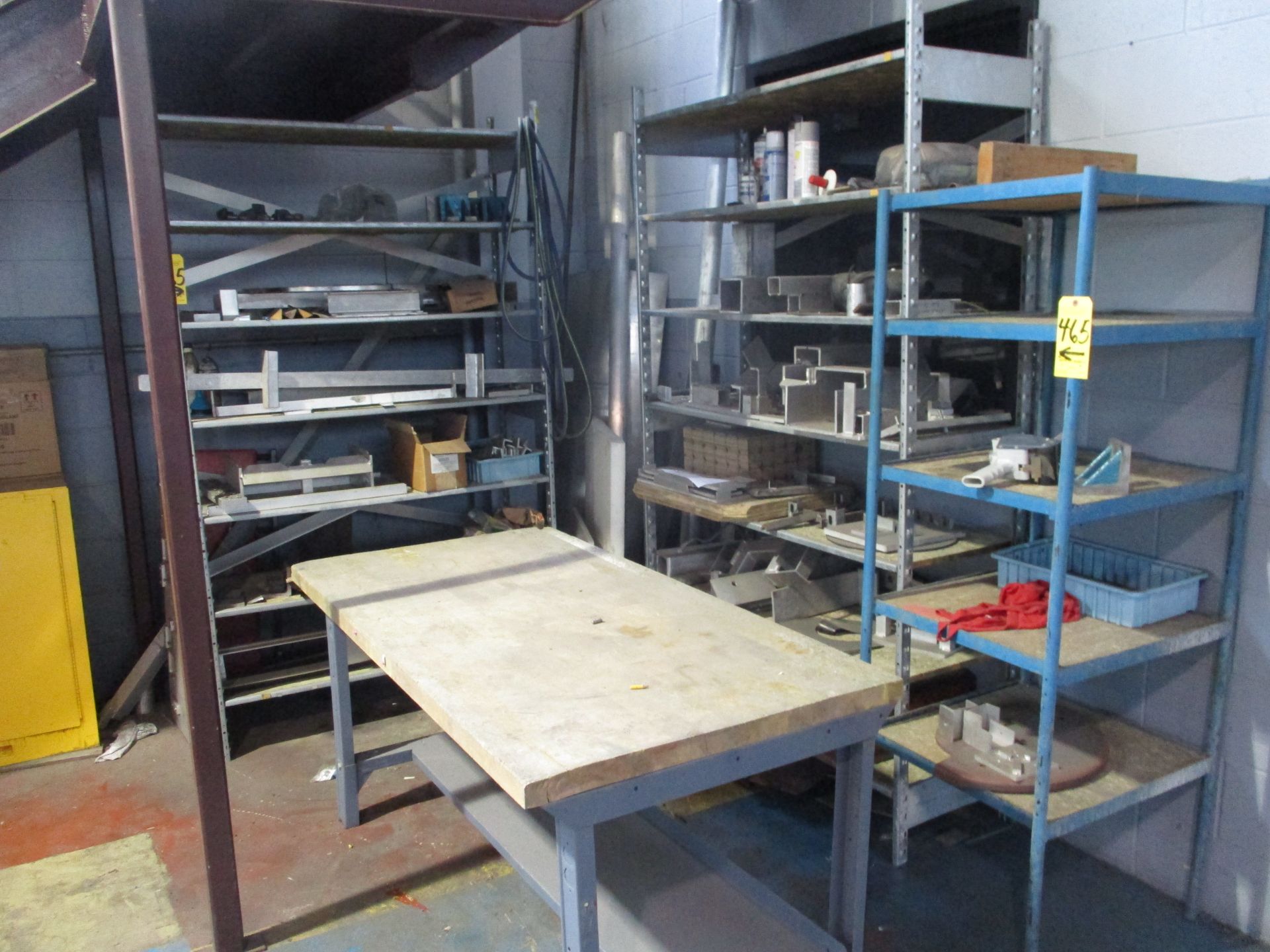 (3) Shelving Units and Contents and Butcher Block Top Workbench, 30" X 60" X 34" H