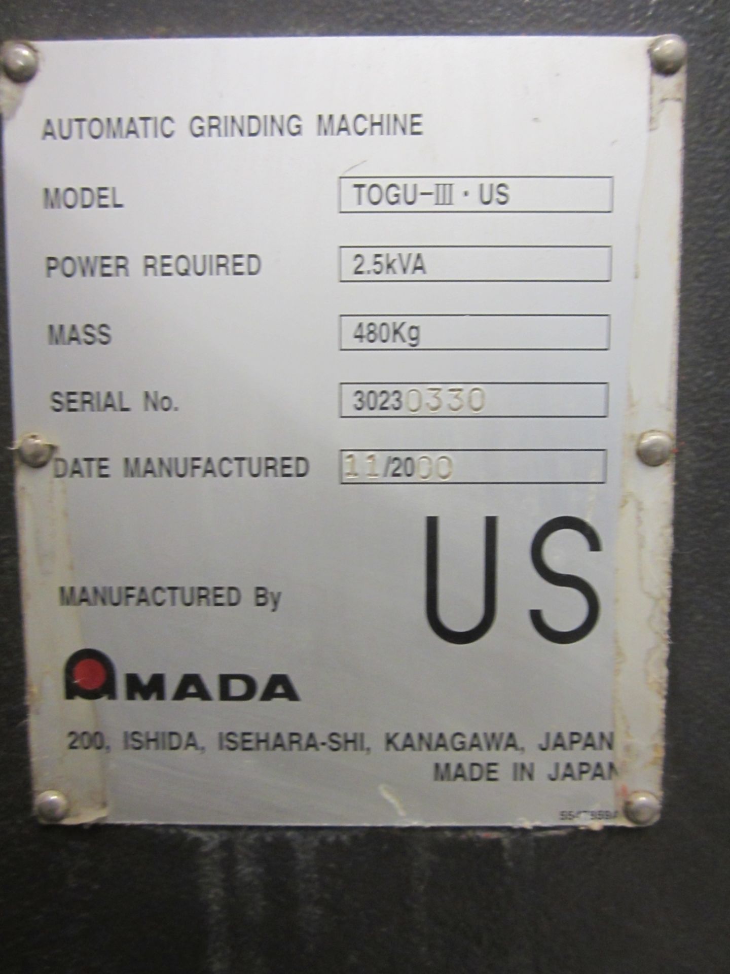 Amada Model TOGU-III Automatic Punch & Die Grinder, s/n 30220330, New 2000 - Image 4 of 4