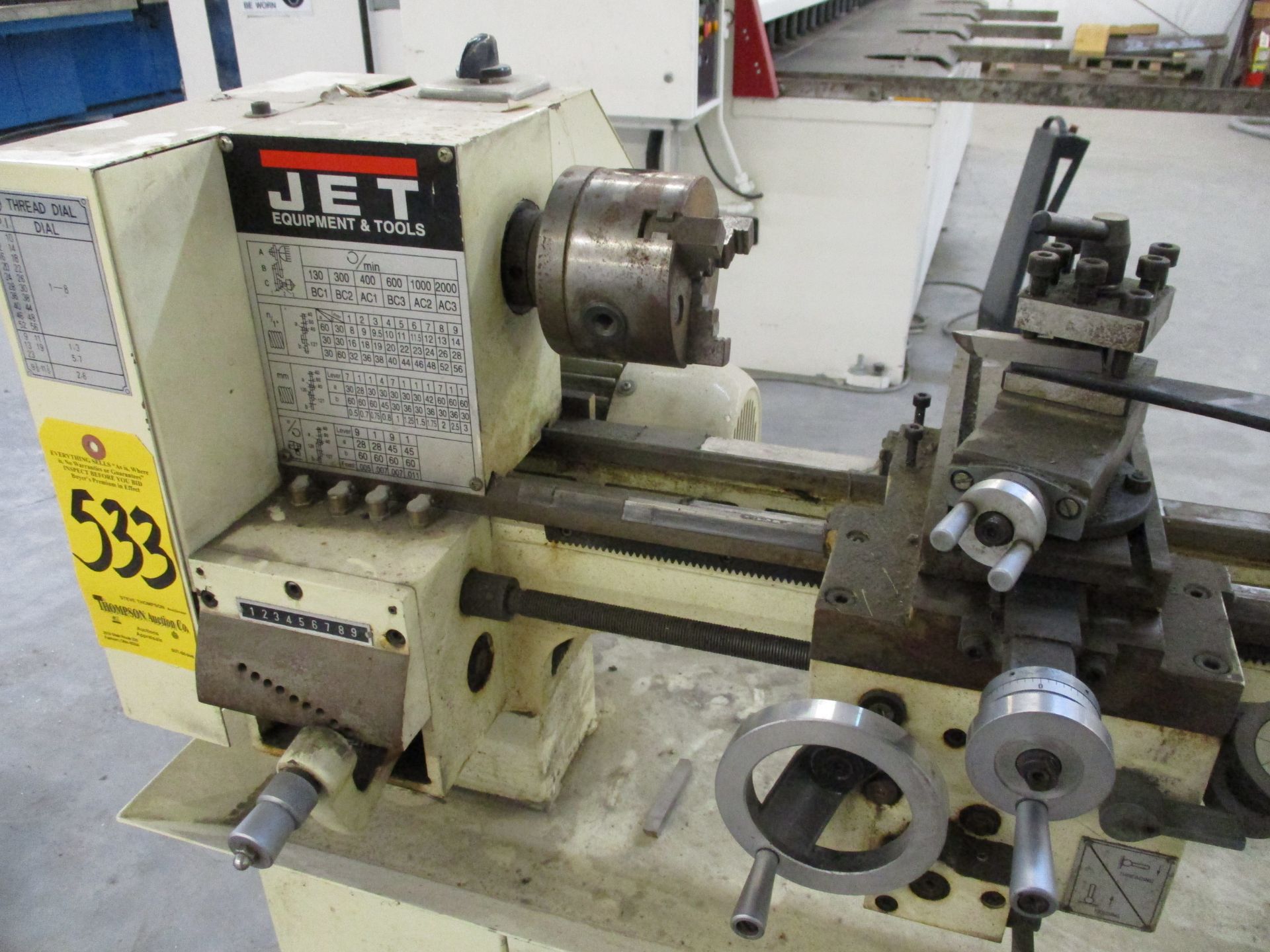 Jet 10" X 18" Lathe, 4" 3-Jaw Chuck, 4-Way Tool Post, Follow Rest, No Tailstock, 110/1/60 - Image 2 of 4