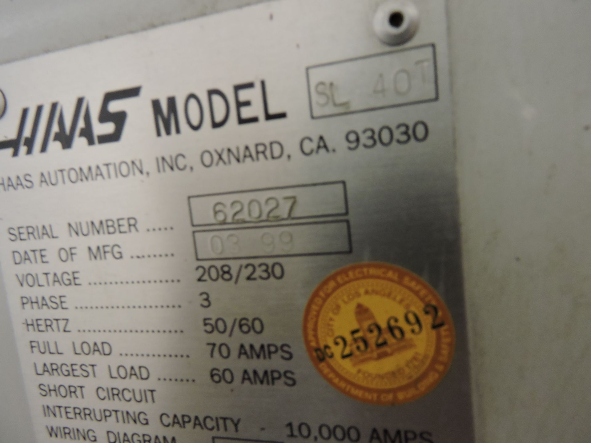 Haas SL-40T CNC Turning Center, Swing 40, Turn 25, Length 45, 15" 3-Jaw Chuck, s/n 62027, New 1999 - Image 7 of 13